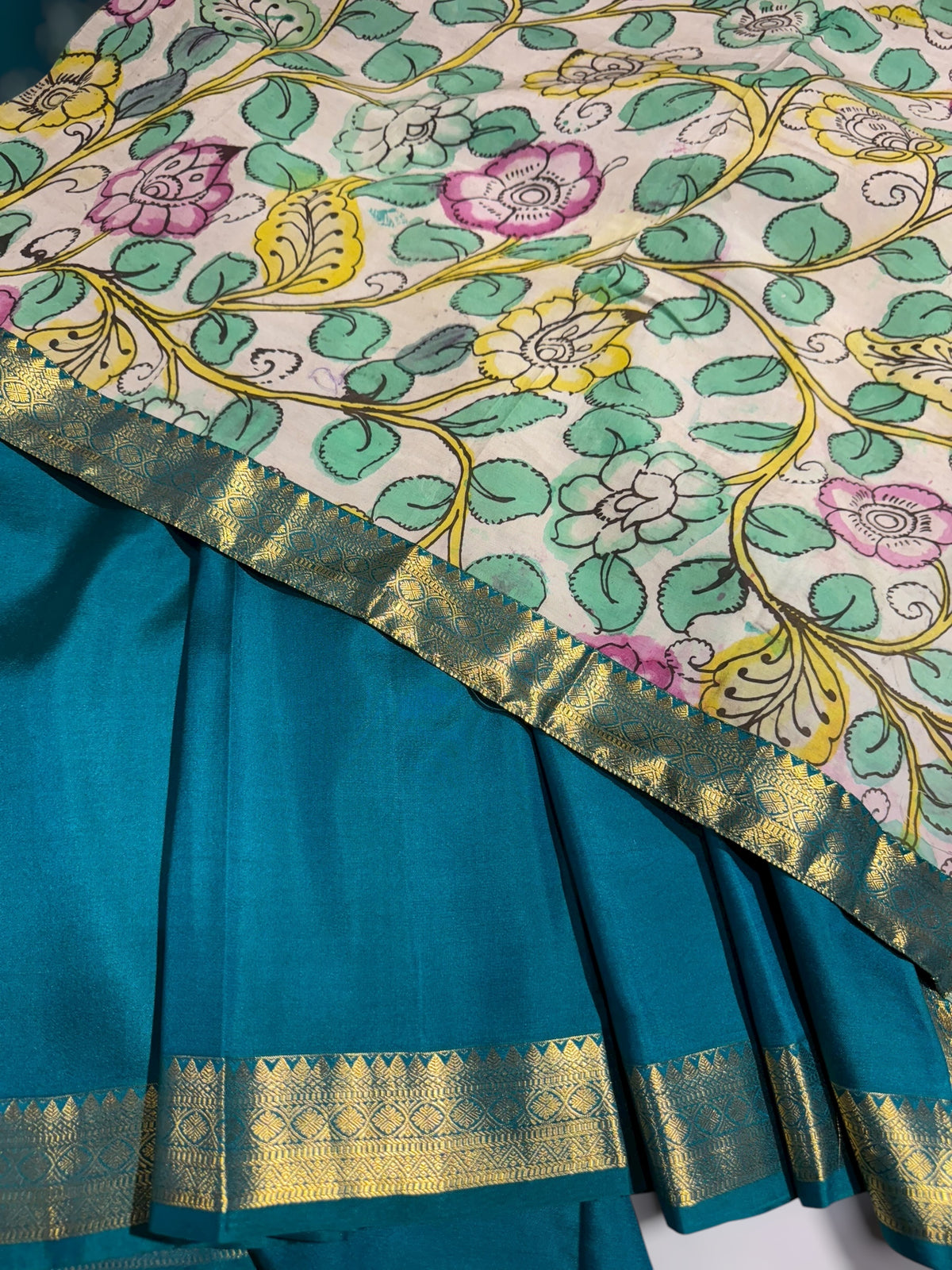 Peacock Green vintage Kanchipuram silk saree with pen kalamkari blouse