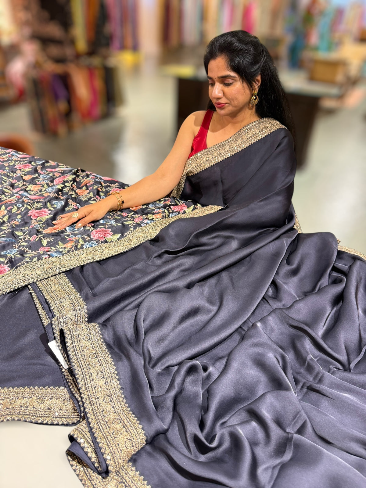 Midnight Blue Pure Satin Saree with Sabhyasachi Borders