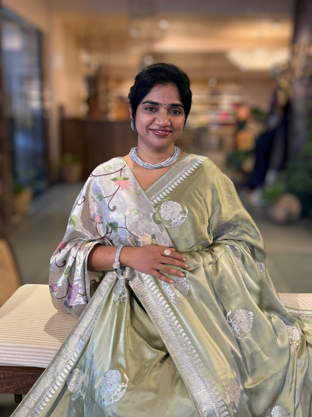 Sage Green Satin Saree with Embroidery.