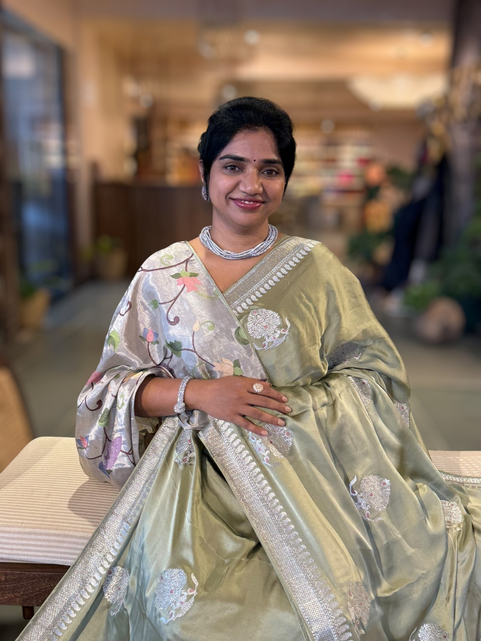 Sage Green Satin Saree with Embroidery.