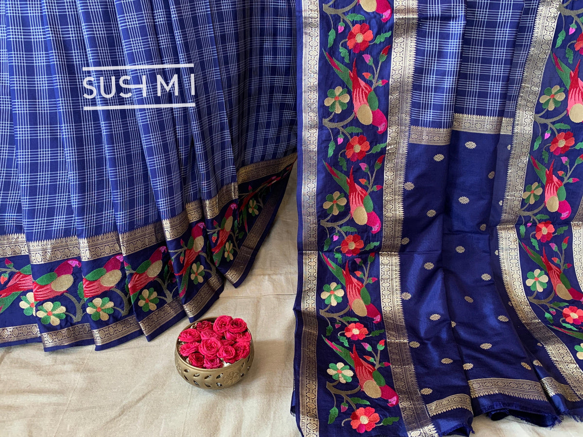 Midnight Blue Vintage checks Kanjeevaram soft silk saree with embroidery D62F040