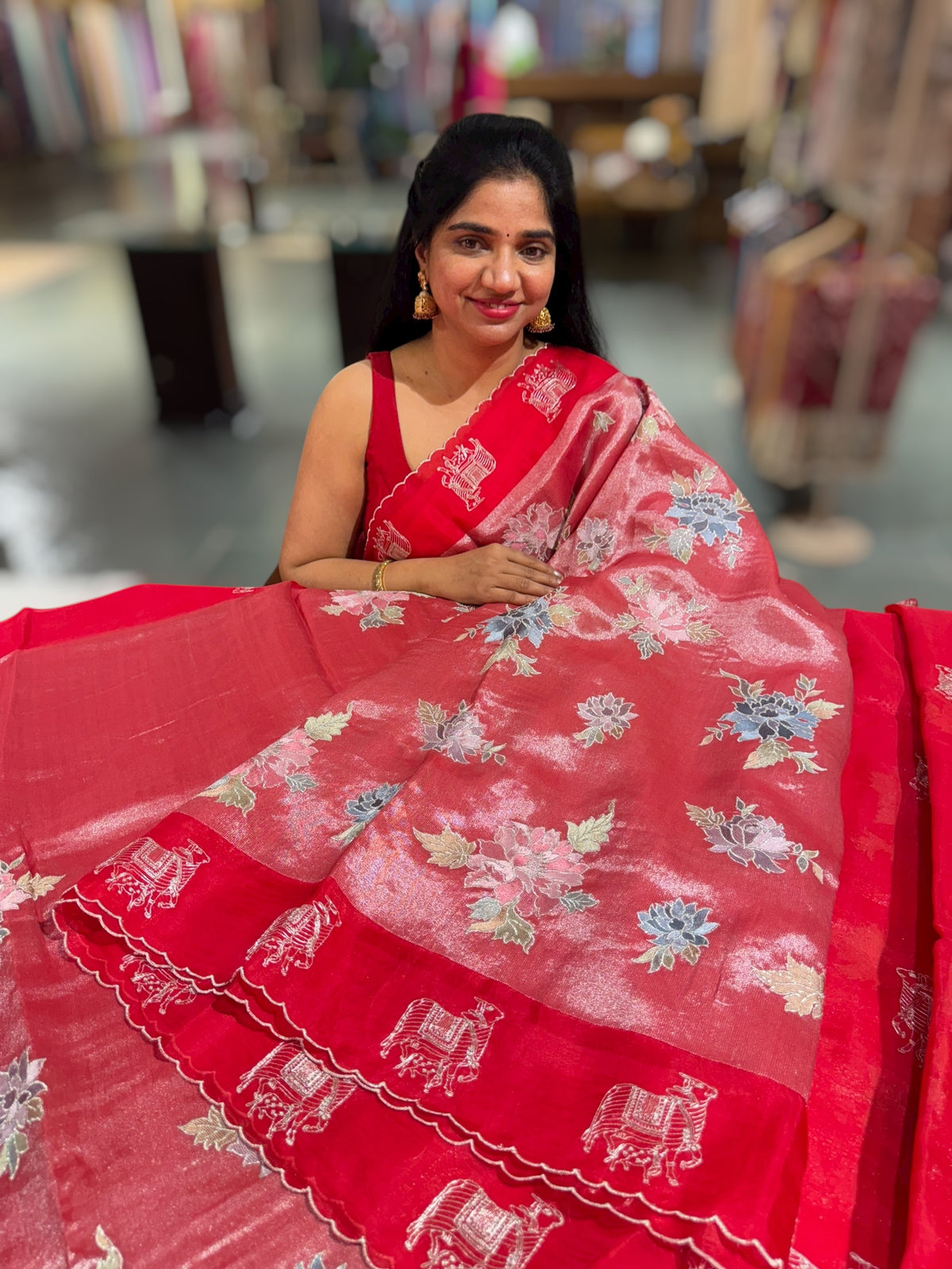 Red Premium Handloom Designer Tissue saree with exquisite embroidery