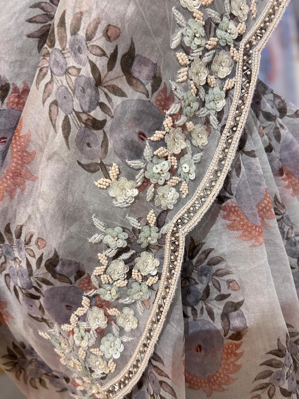 Grey Organza Sabhyasachi printed saree with handwork border paired  with ready to wear blouse