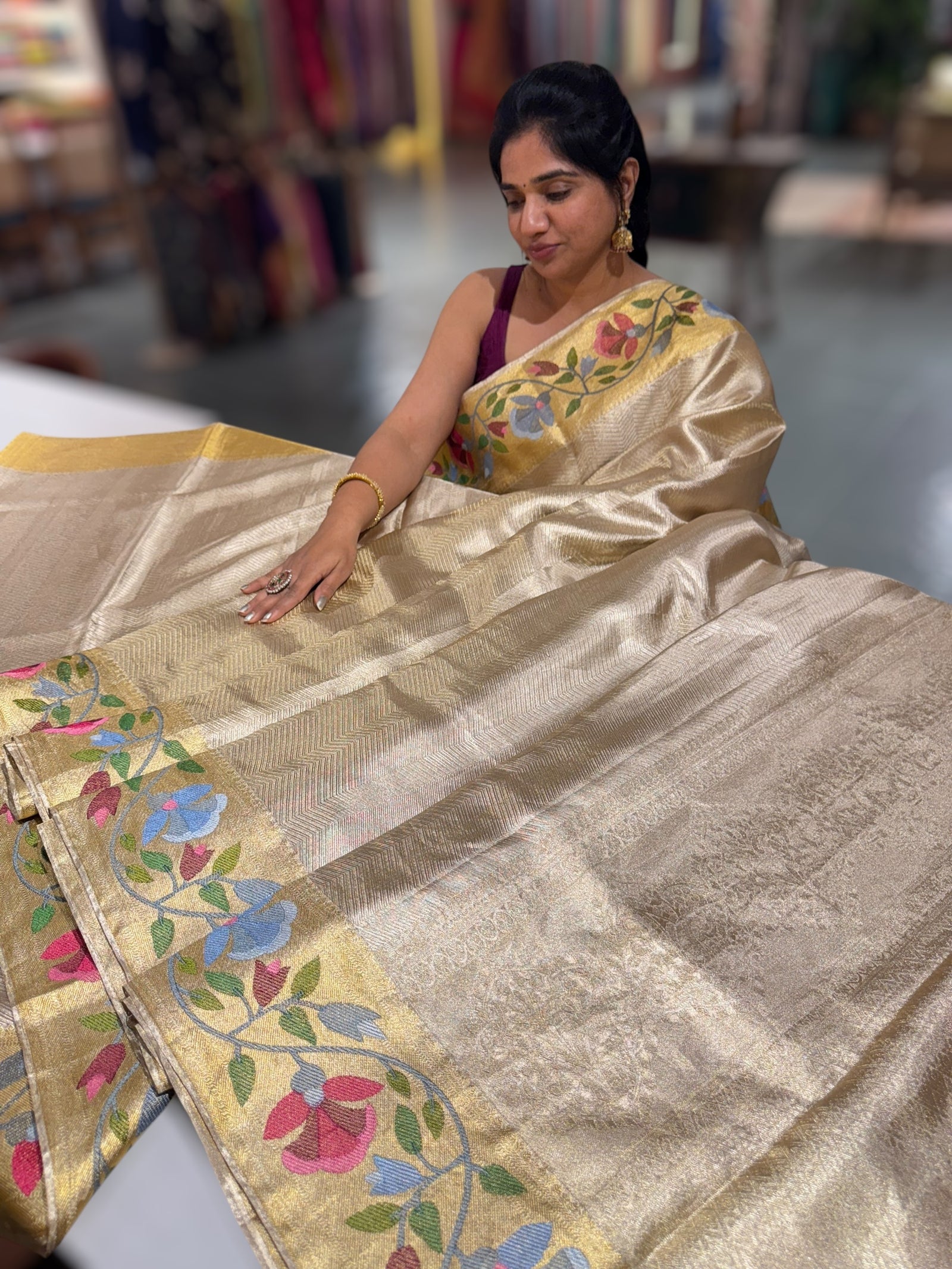 Water Gold Kanchi Tissue Brocade Saree With jamdani inspired embroidery.