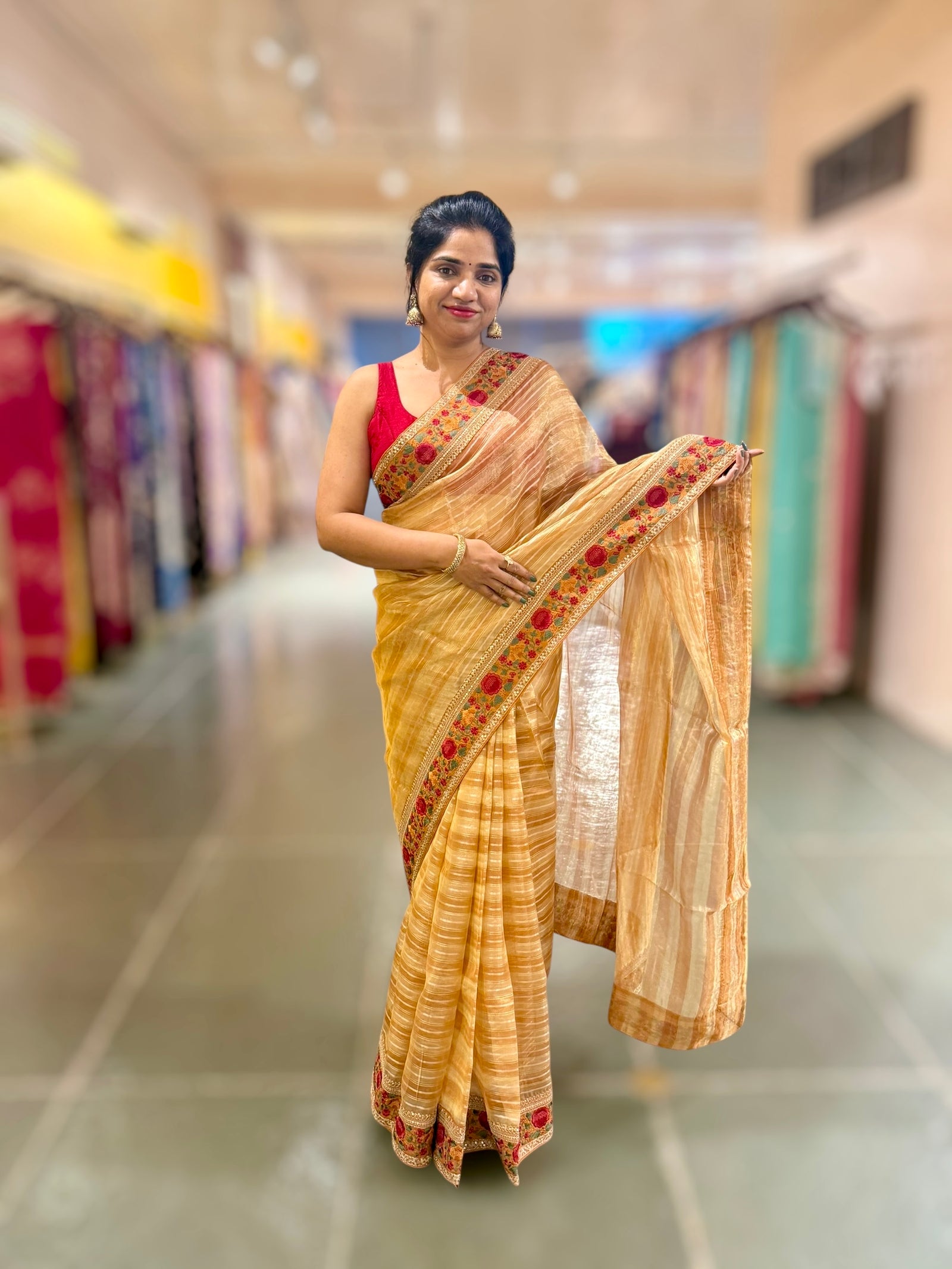Light Orange Kora Tissue Stripes Saree with Sabhyasachi Style Embroidered Borders & Blouse