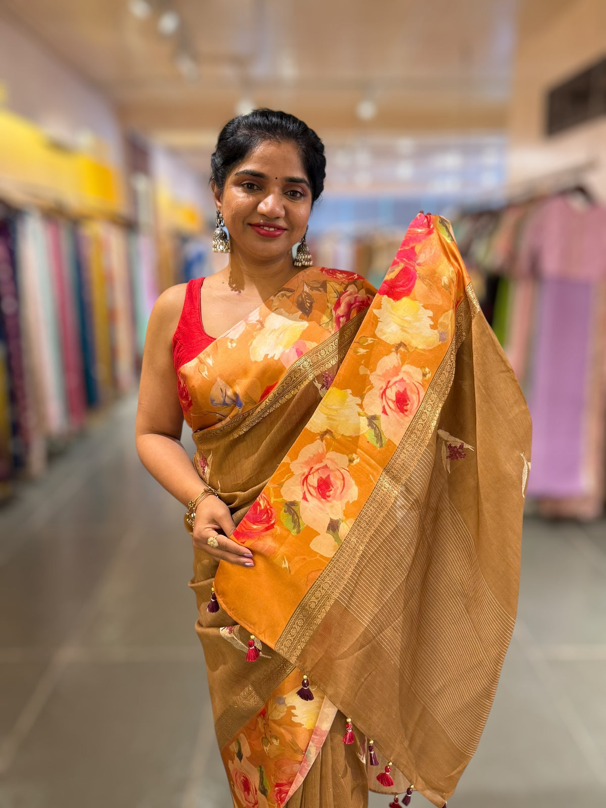 Light Brown Tussar Dhupion Saree with Floral printed mashru borders