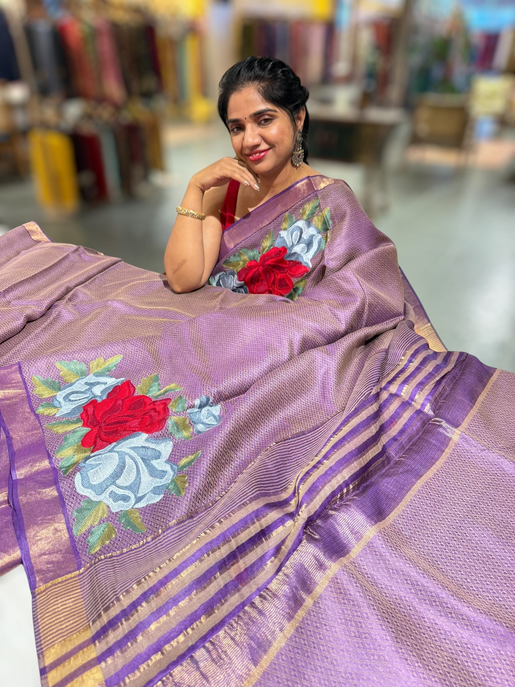 Brinjal Tussar Brocade Saree With Statement Red Rose Embroidery.