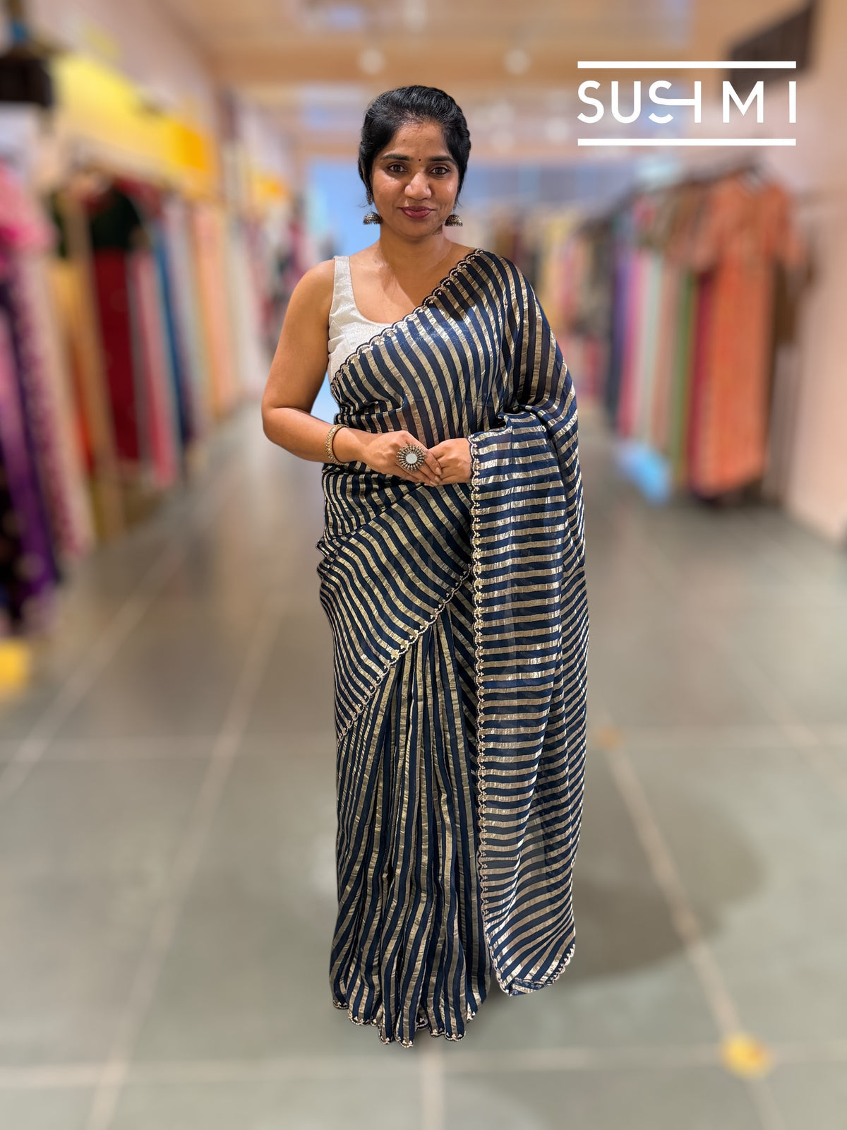 Midnight blue Mul tissue stripes saree with fusion blouse : D62134