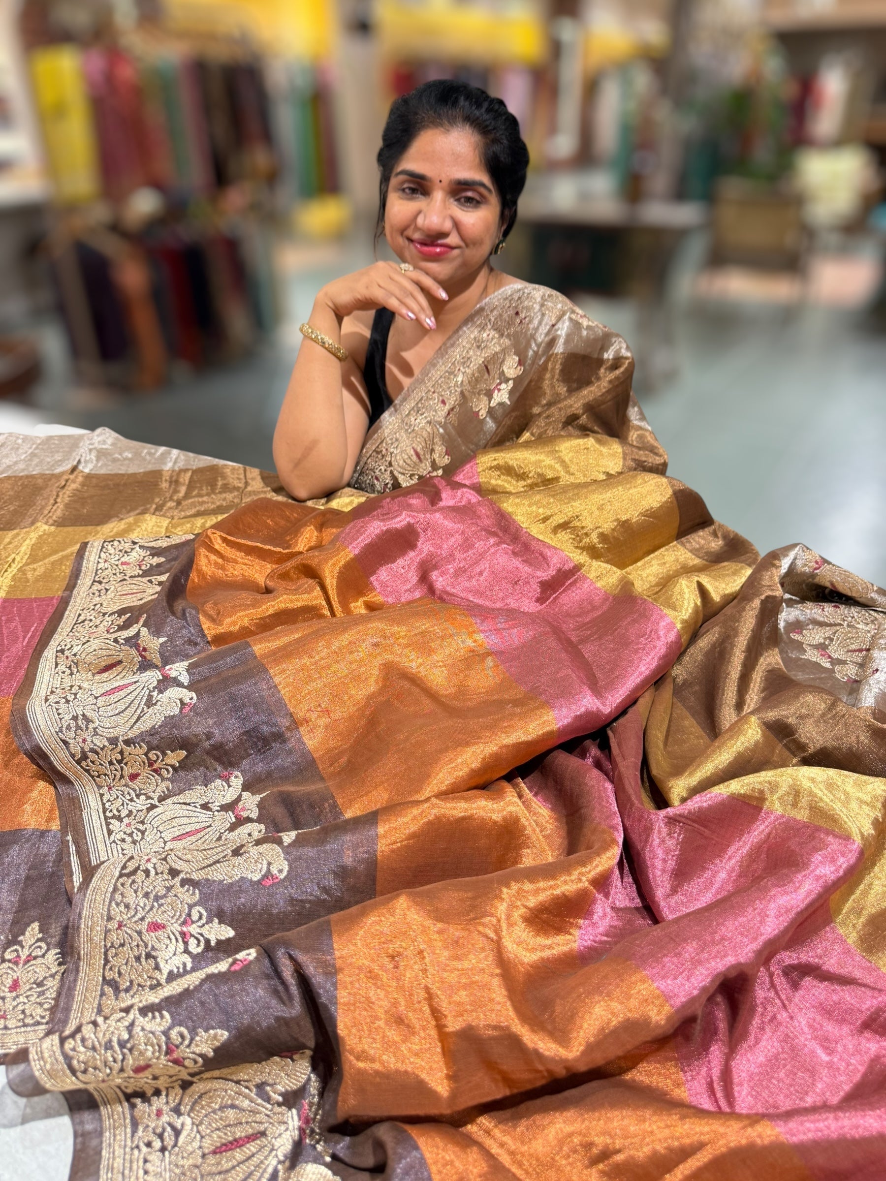 Multi color chanderi Tissue saree with peacock embroidered border