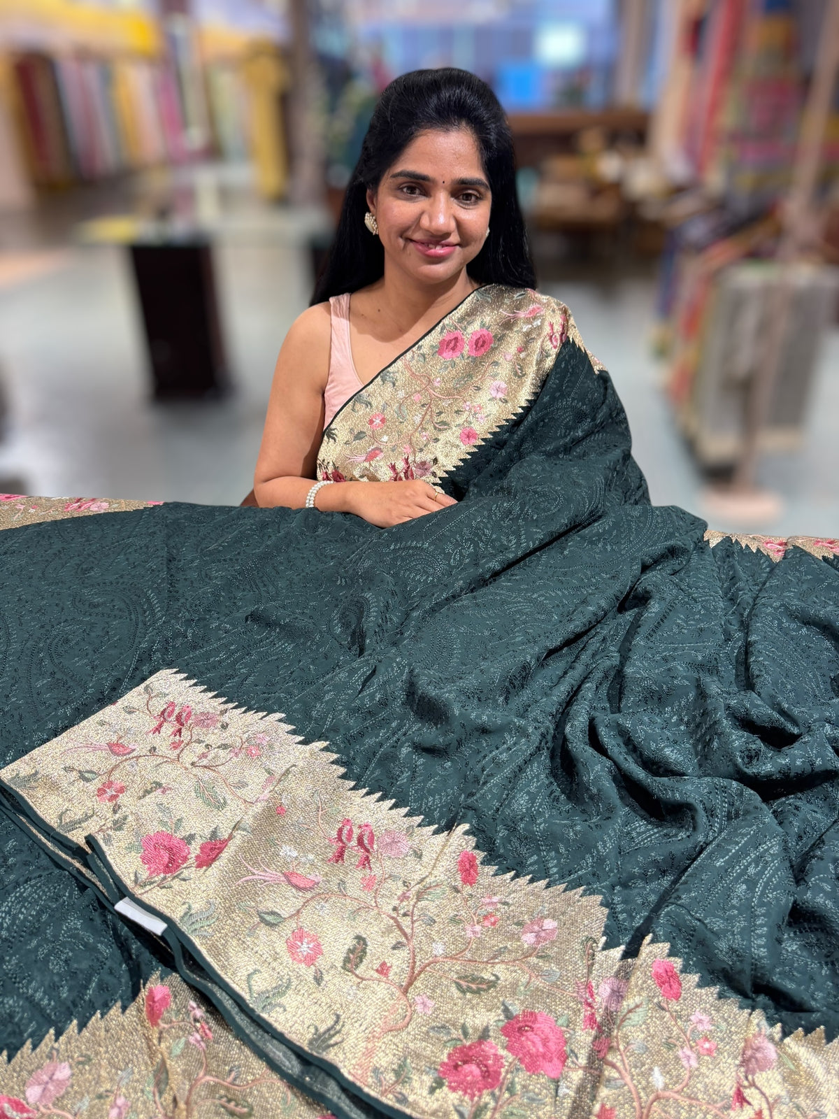 Forest Green Chikankari Georgette Saree with Tissue embroidered Border