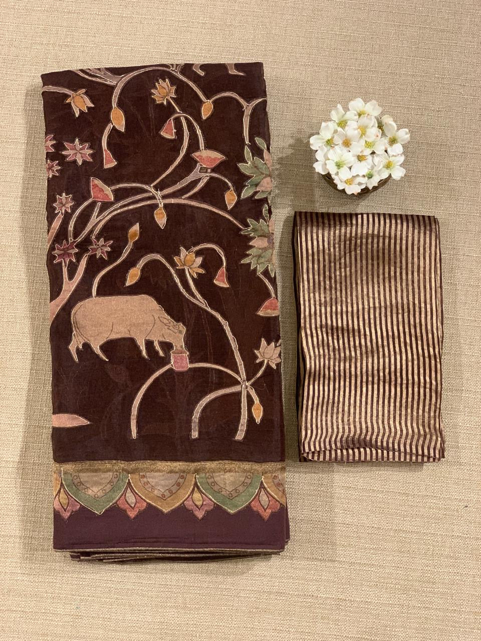 Brown Designer Organza Saree with Stunning Tissue Applique work Saree with Village theme