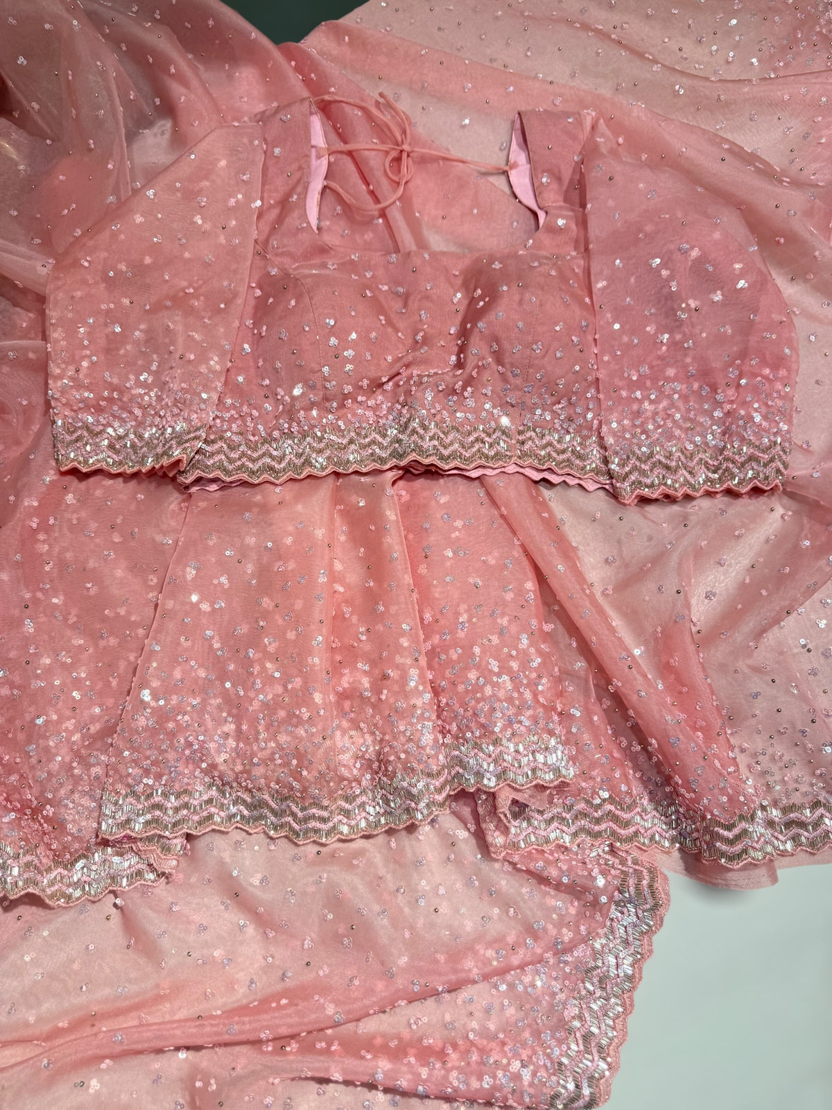 Peach Pink Organza handwork saree with ready to wear blouse