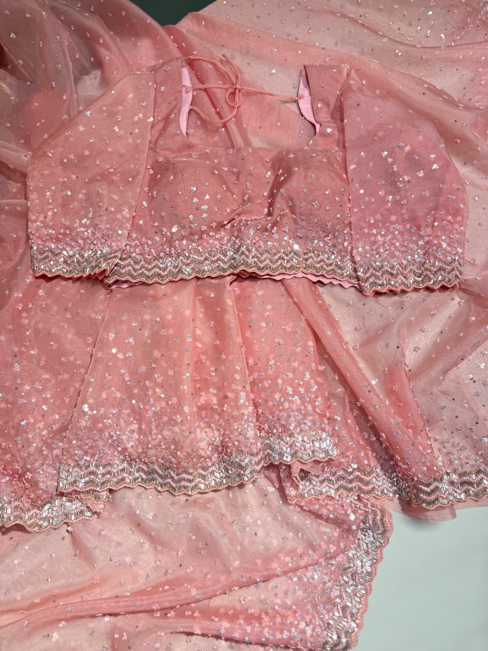 Peach Pink Organza handwork saree with ready to wear blouse