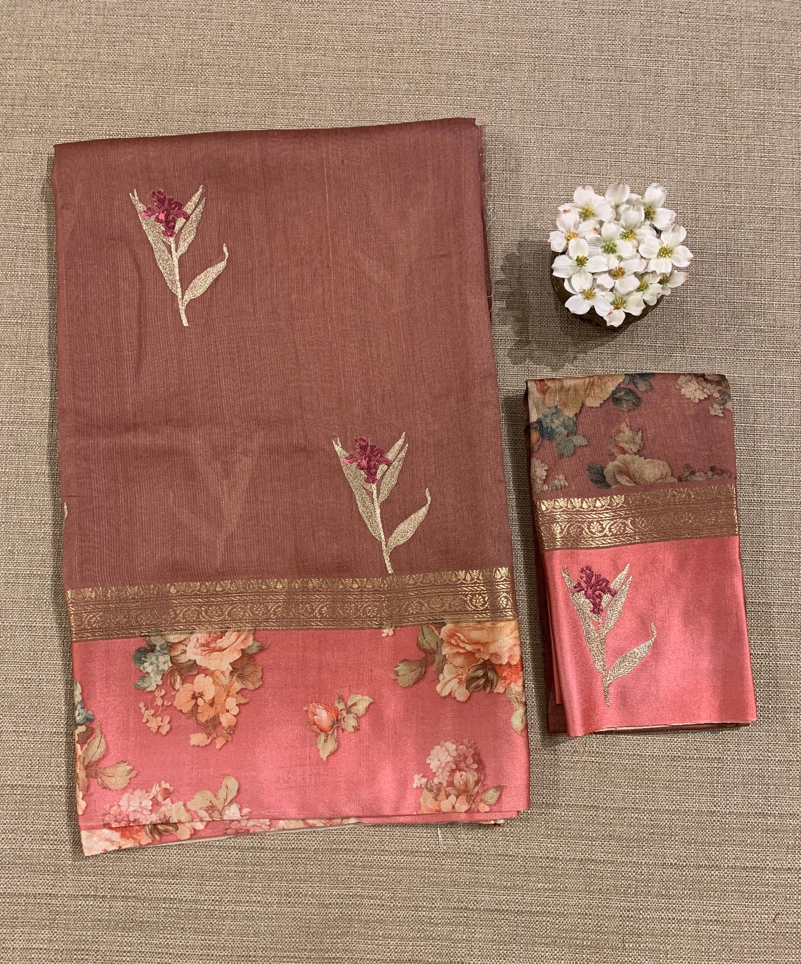 Dark Onion Pink Tussar Dhupion Saree with Floral printed mashru borders
