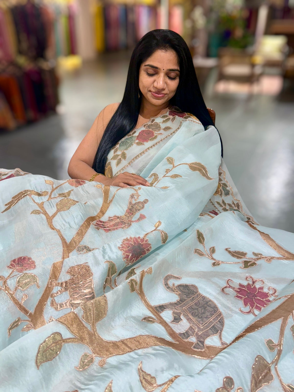 Pastel Blue Pure Organza Applique Work Saree