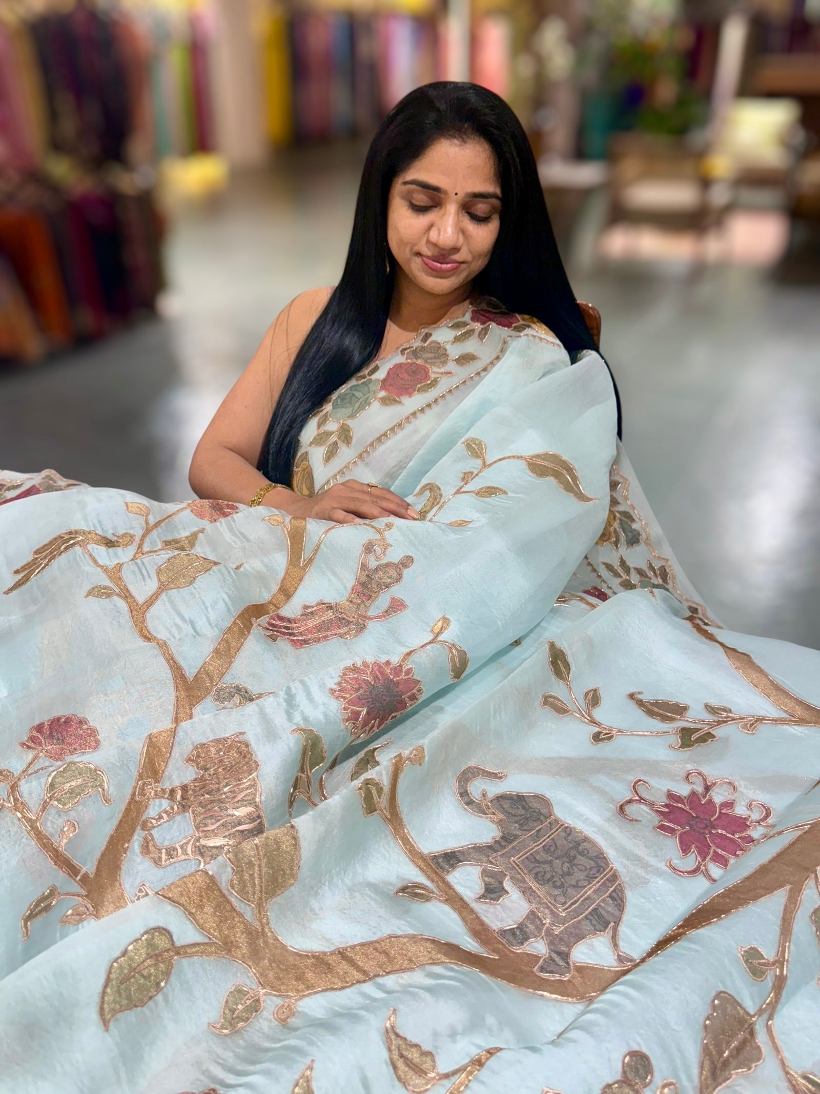 Pastel Blue Pure Organza Applique Work Saree