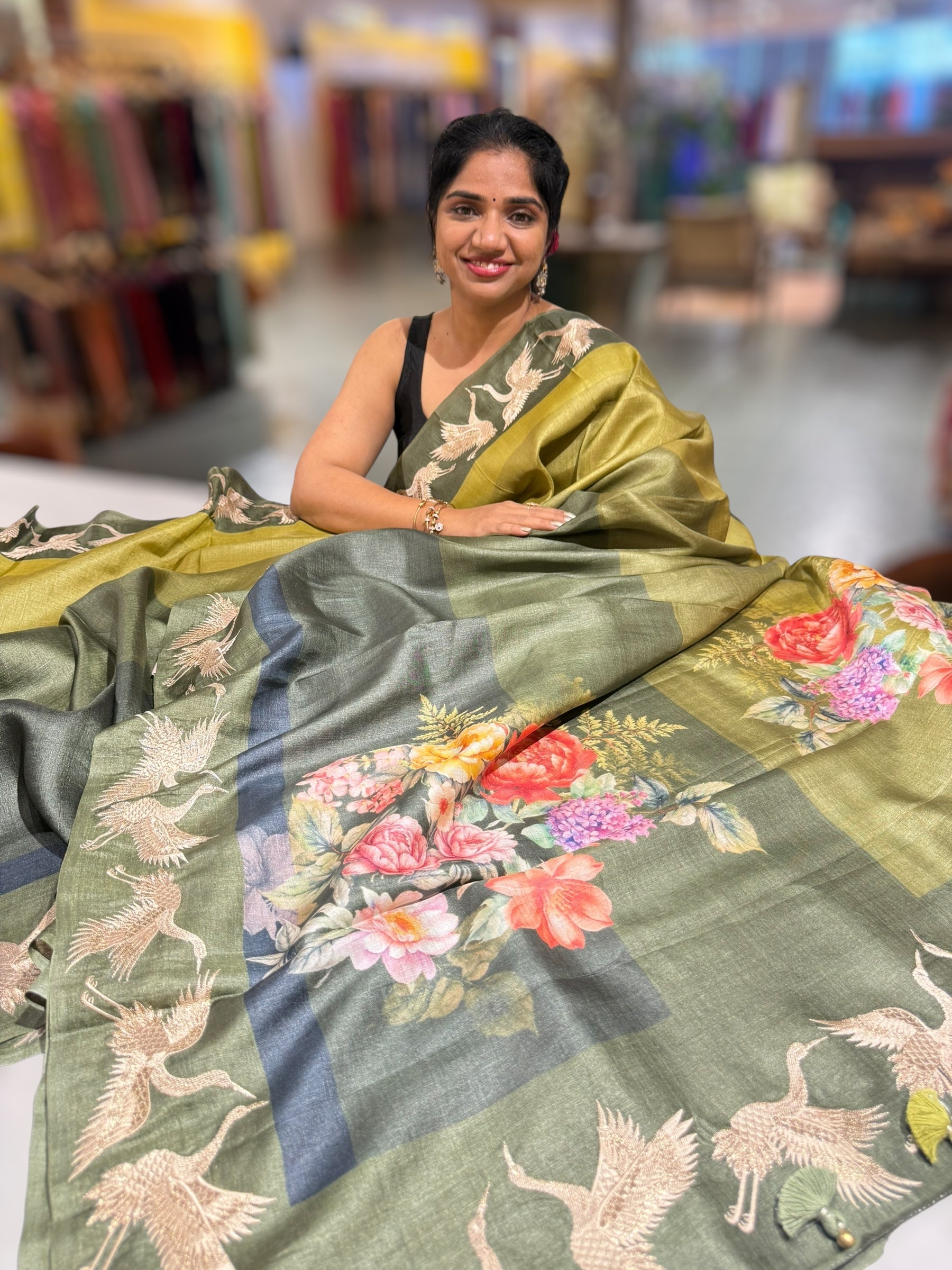Olive Green Tussar Rangkaat Saree With Crane Bird  Embroidered Border
