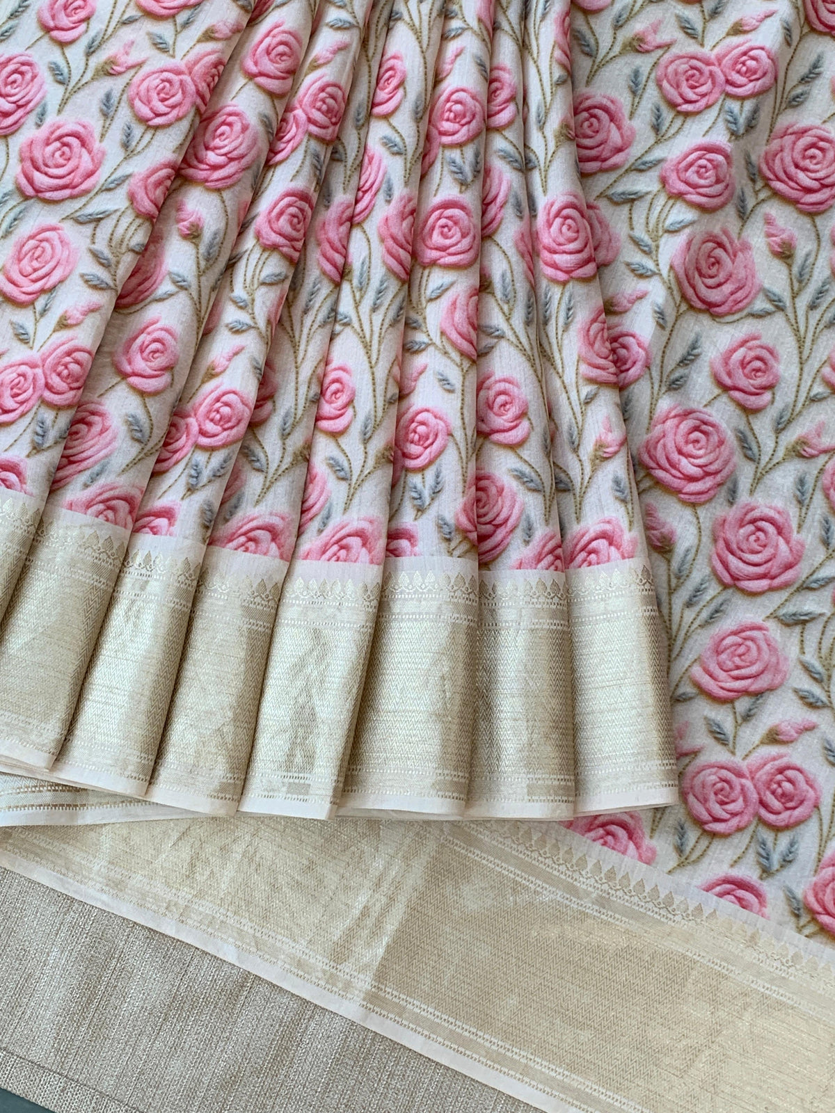 Halfwhite Pure Handloom Chiniya Silk Saree with stunning 3DRose Floral Print and zari borders