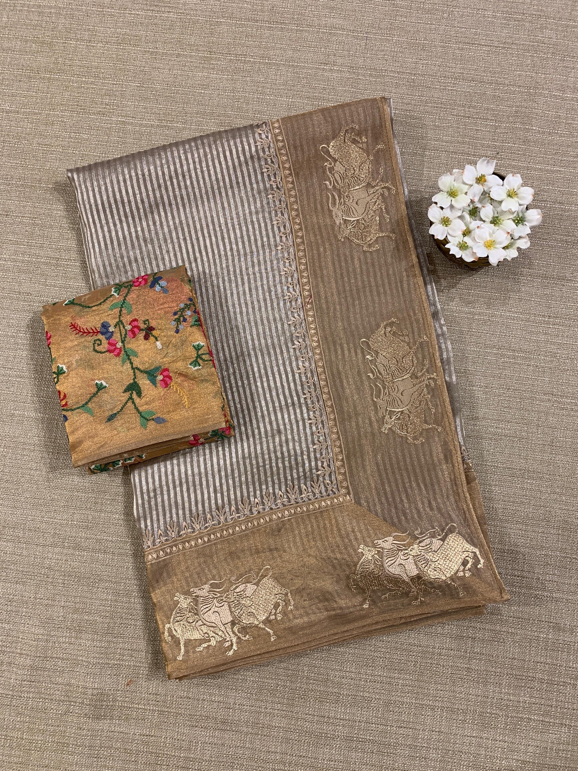 Earthy Grey Kora tissue stripes Saree with Nandi embroidered tissue border