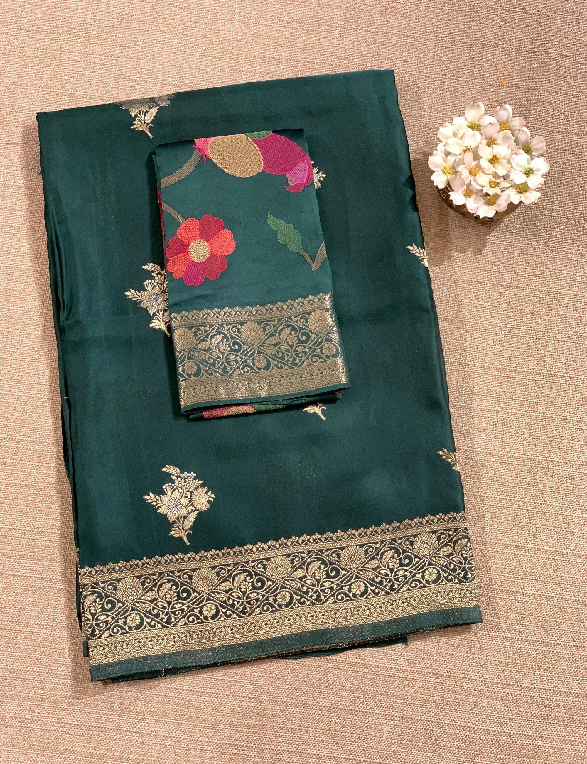 Forest Green Mashru Silk Saree with Paithani inspired embroidered blouse
