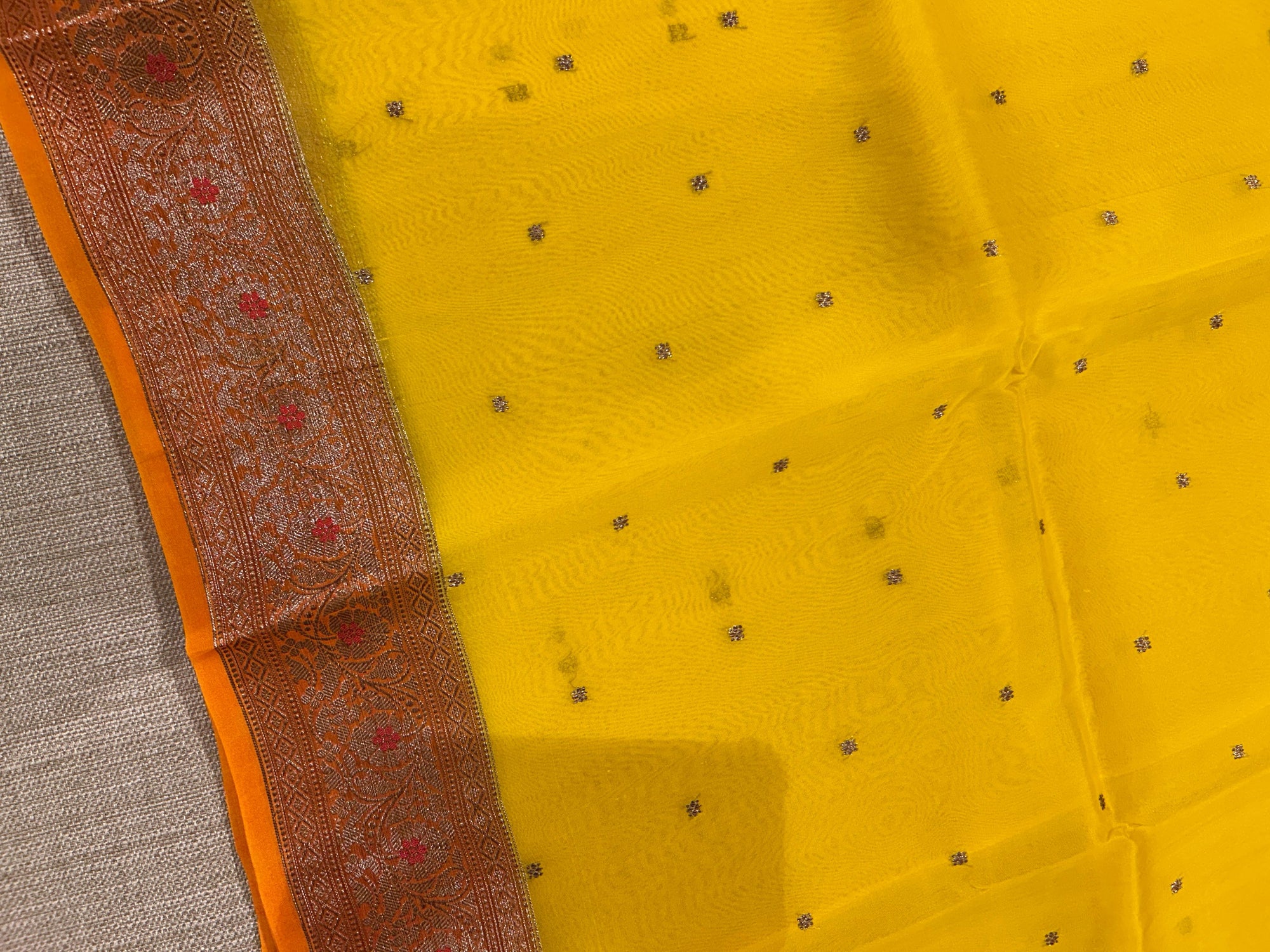 Yellow & Orange Combo Pure Handloom premium Kora Banarasi Saree with meenakari border