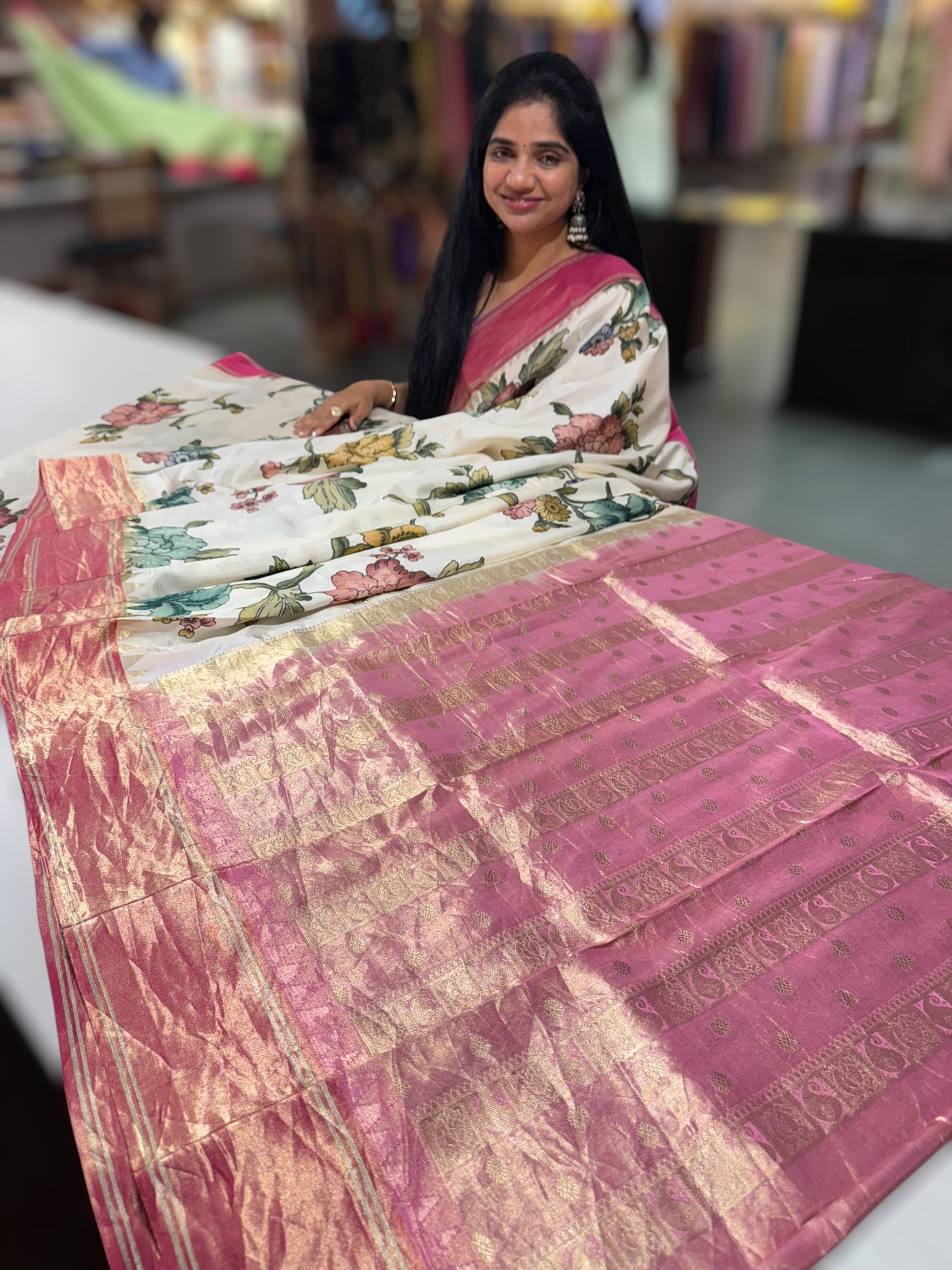 Ivory Kanjeevaram Designer print saree