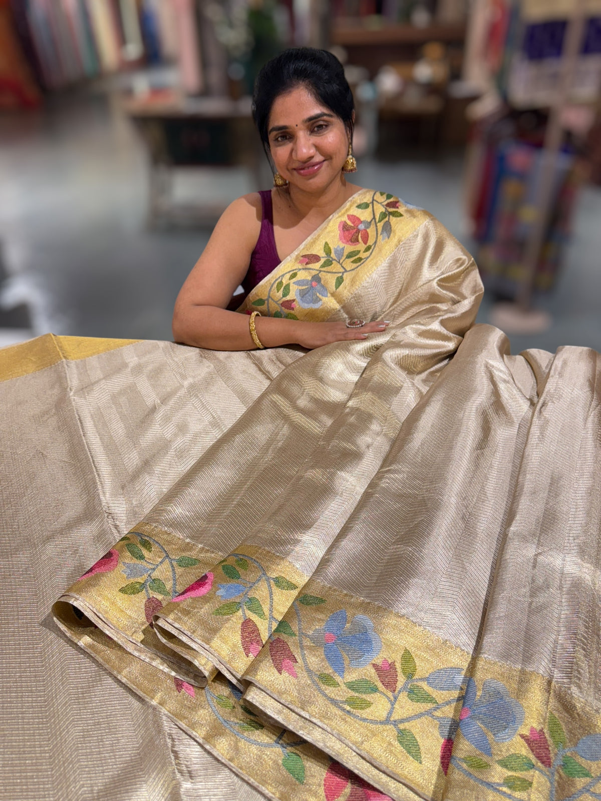 Water Gold Kanchi Tissue Brocade Saree With jamdani inspired embroidery.