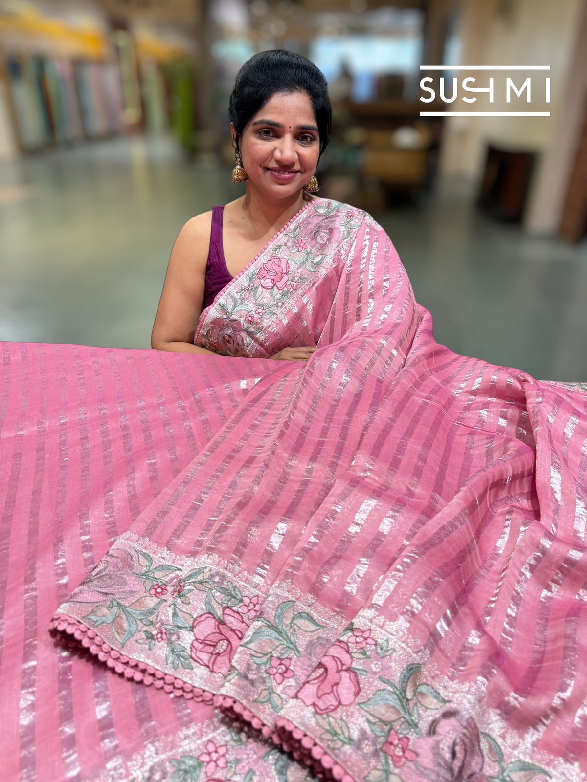 Coral Pink mul tissue Saree with embroidery  : SM025