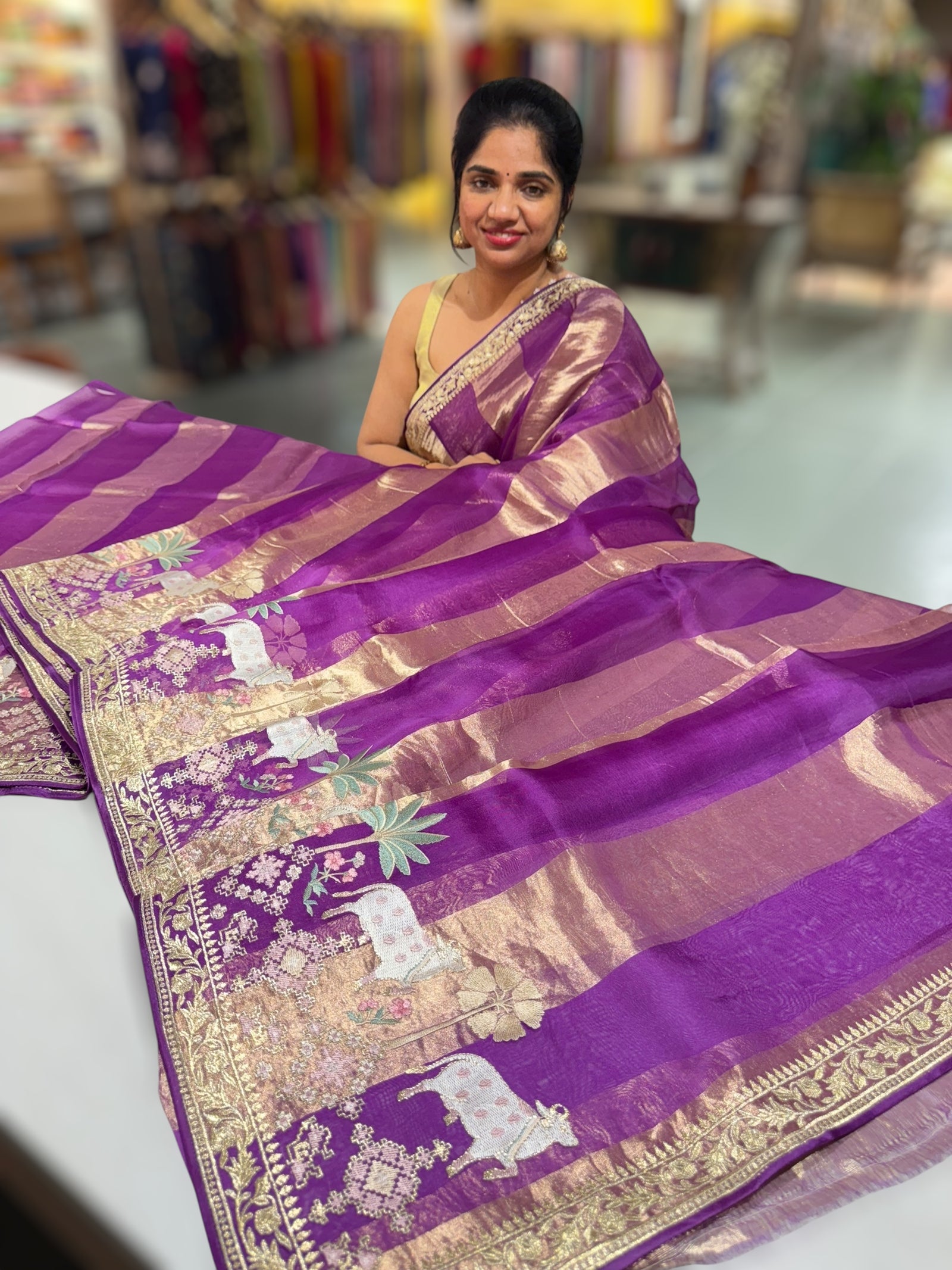 Purple Kora Tissue Stripes Saree With Jamdani  & Pichwai embroidered Border