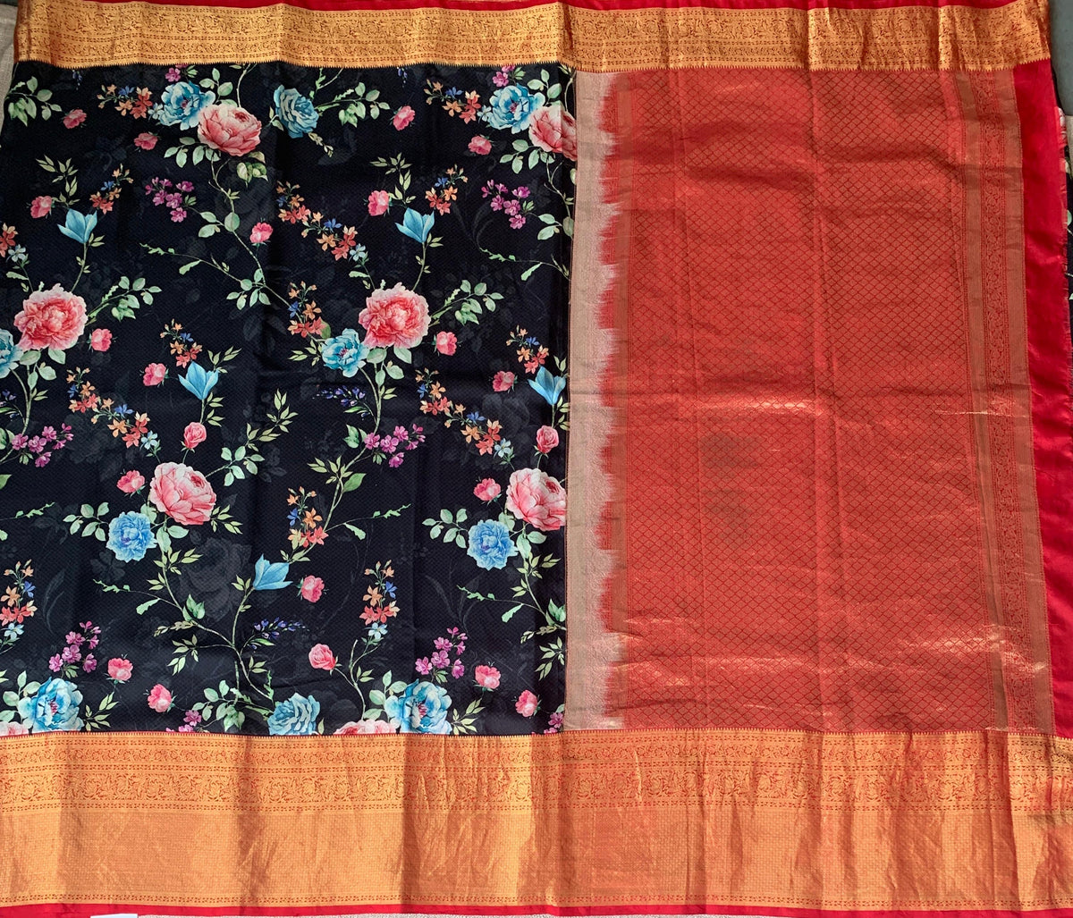Black Designer printed kanchi silk saree