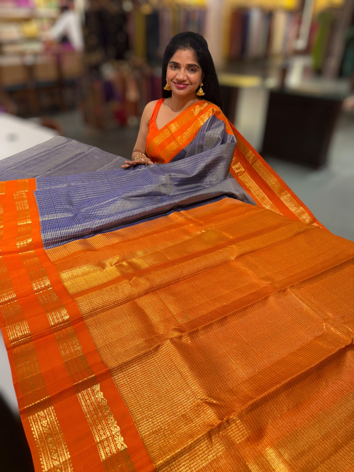 Blue &amp; Orange Combo Vintage Checks Gap Border Kanjeevaram Saree
