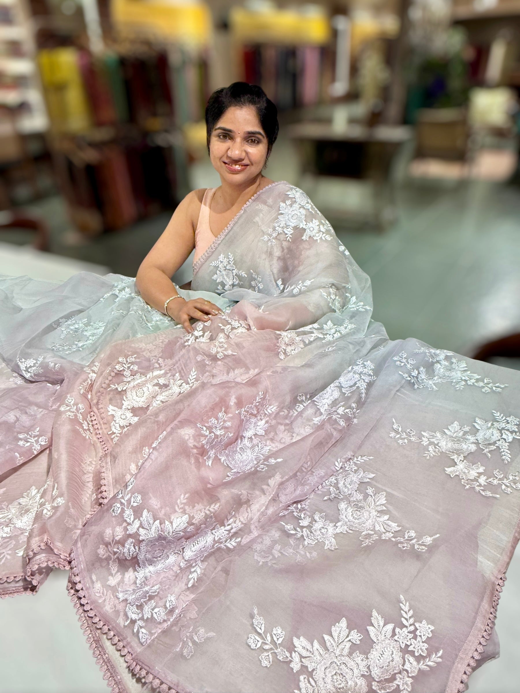 Pure Muslin Ombre Dyed Saree With allover Embroidery