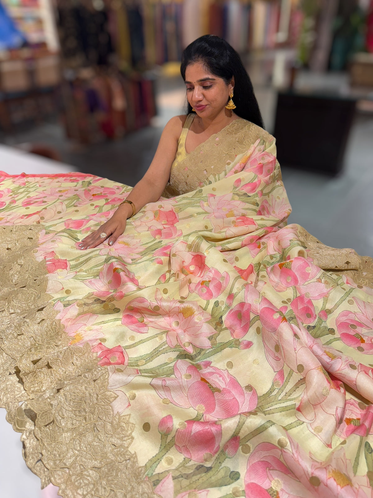 Mint Banarasi Munga Printed Tussar Khaddi With Tissue cutwork Rose Border