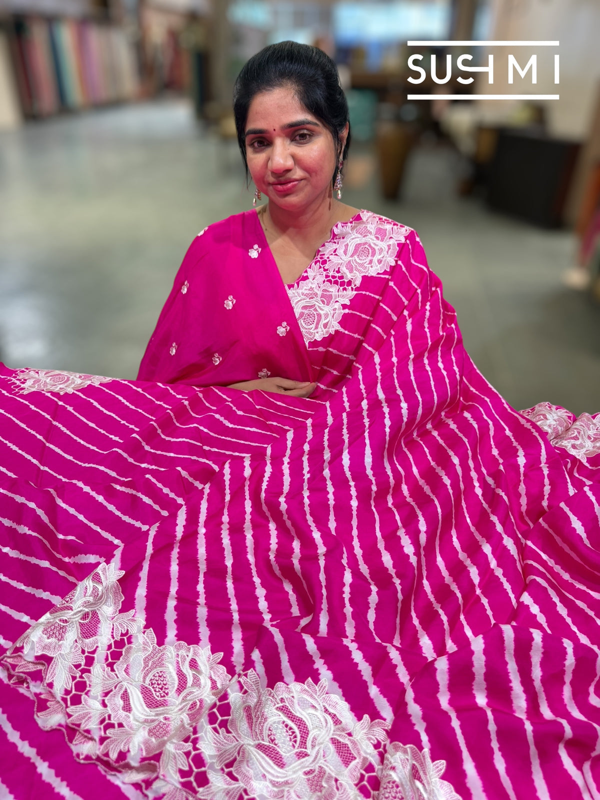 Fuschia Pink habutai Satin Silk lehariya Saree S62F065