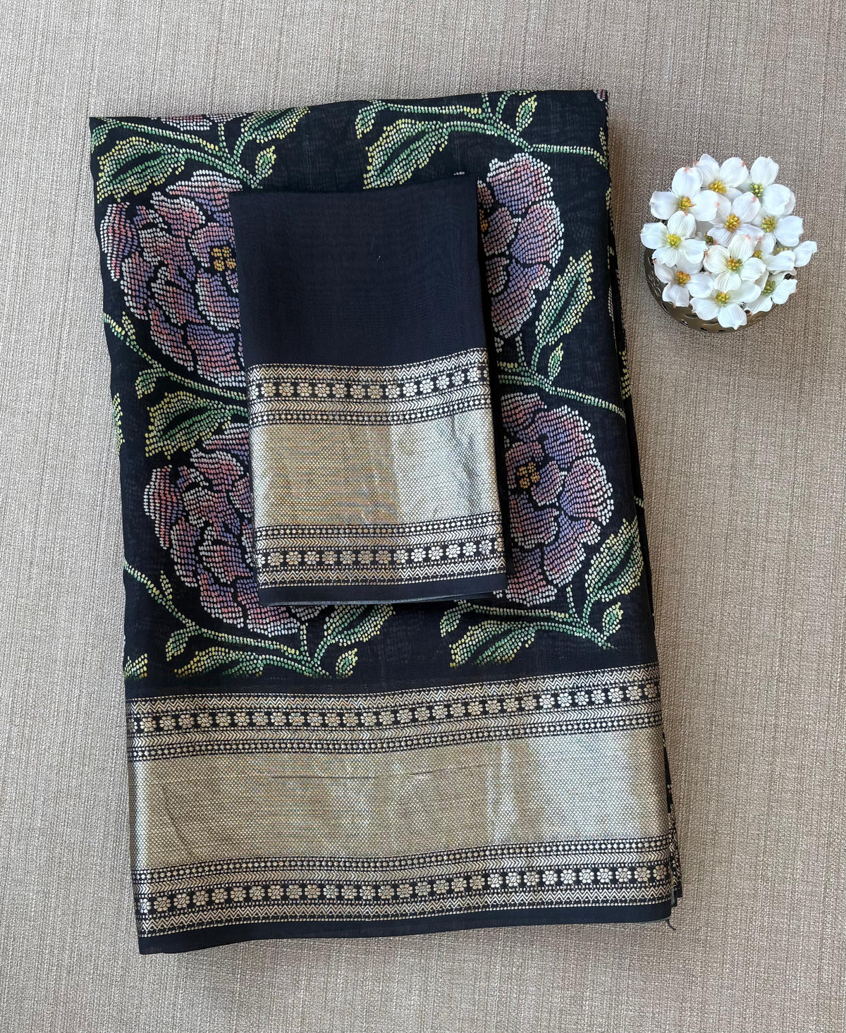 Black Pure Handloom Chiniya Silk Saree with stunning Floral Print and zari borders