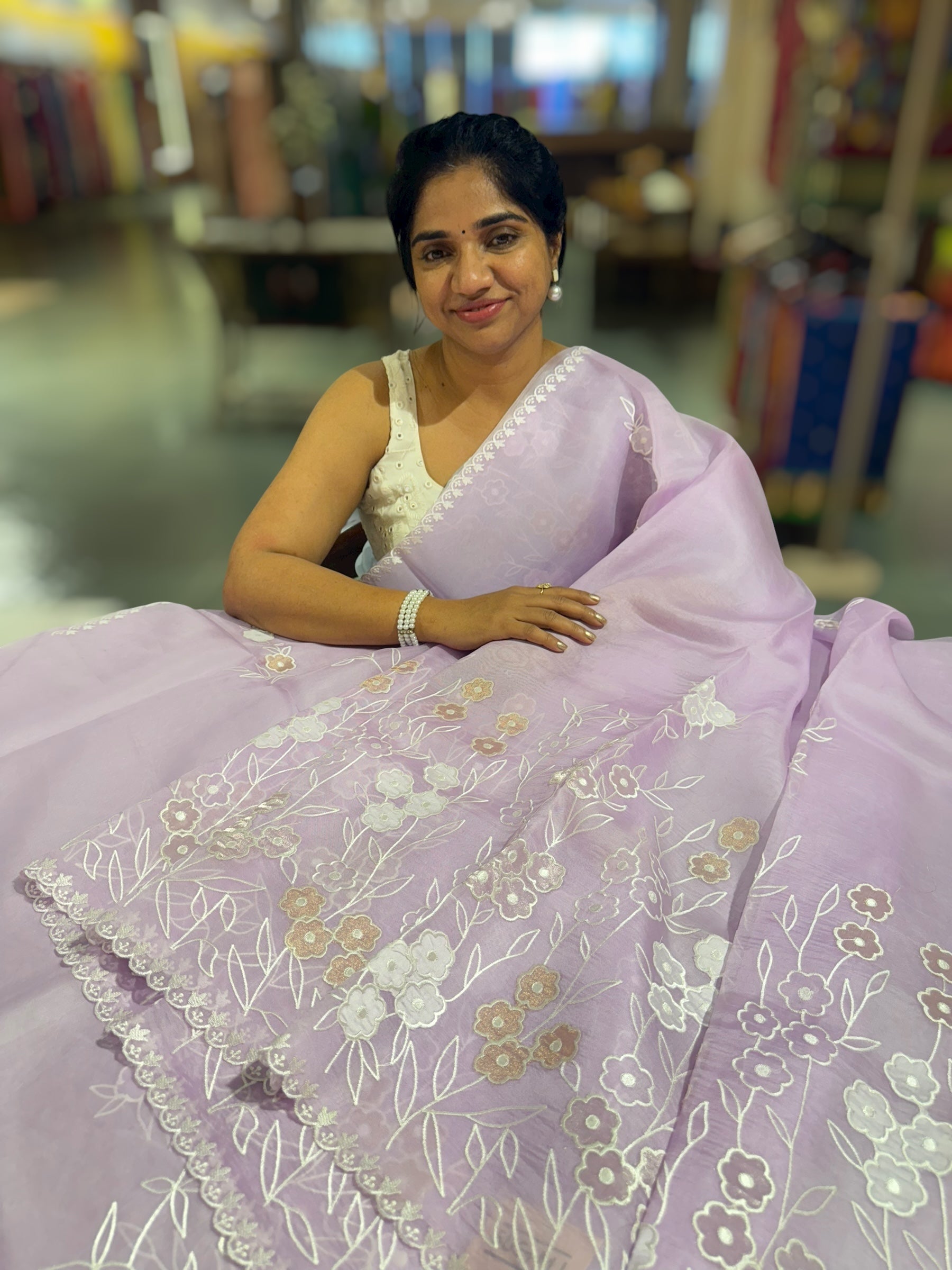 Lilac Organza Saree With Tissue Applique Work