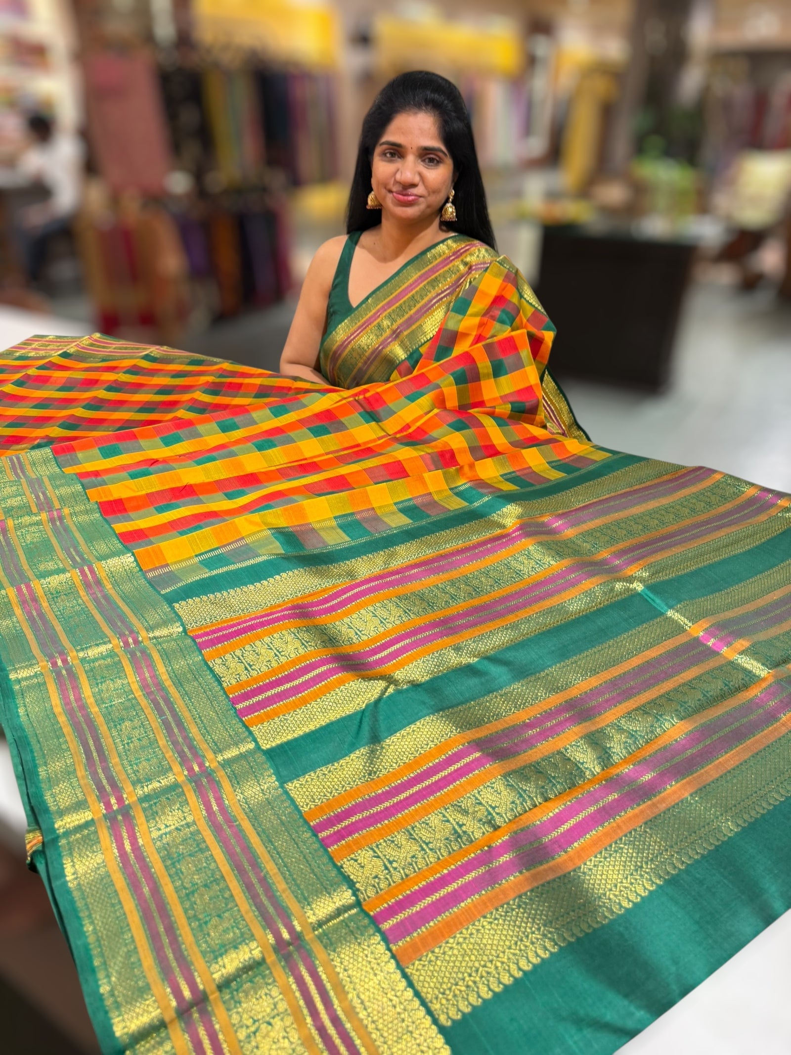 Multi color checks kanjeevaram saree