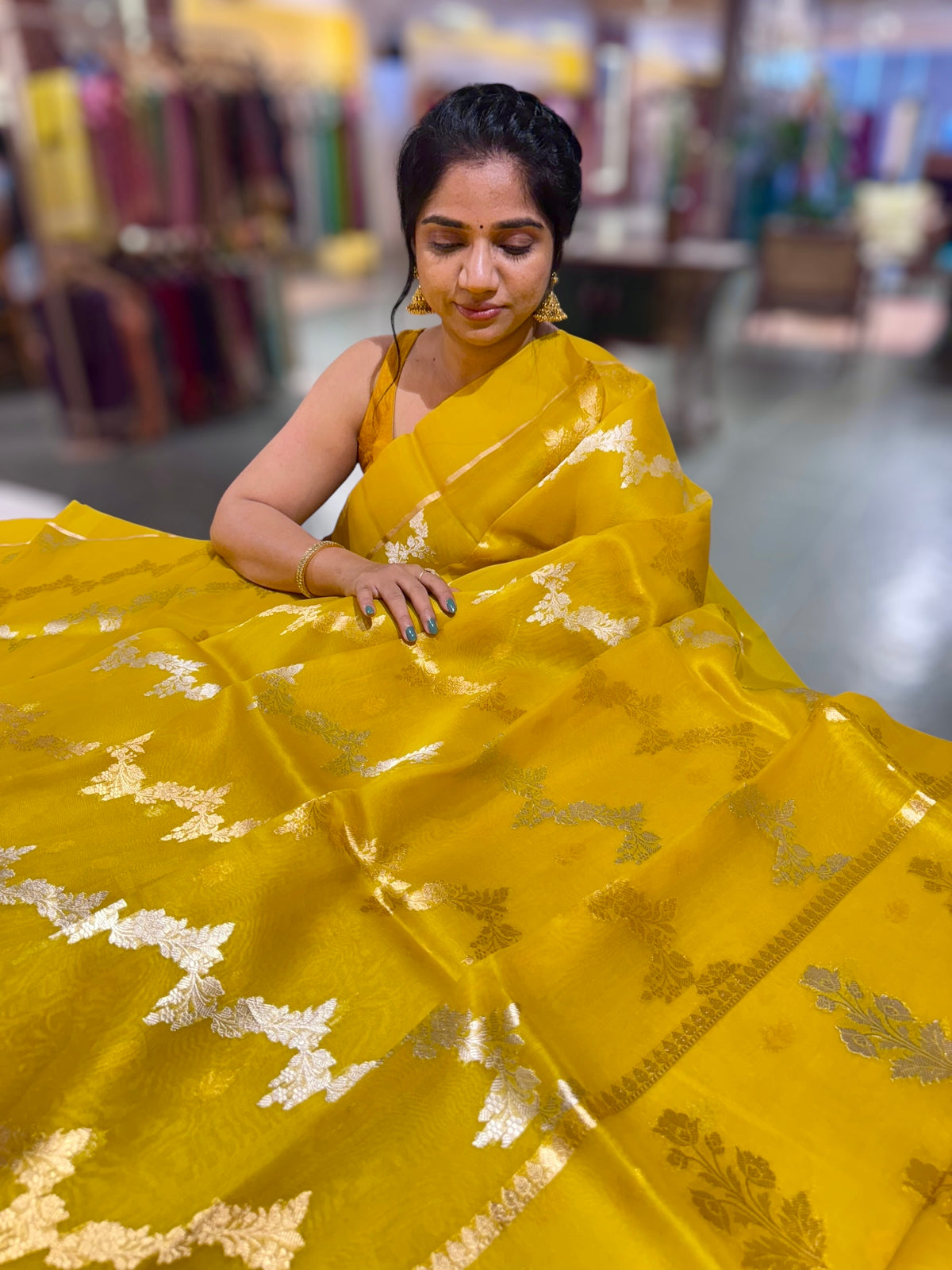 Yellow Kora Banarasi Saree in half & half style
