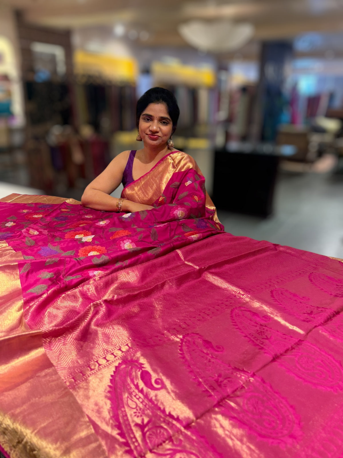 Rani Pink Kanchi Soft Silk Saree with allover jamdani inspired embroidery
