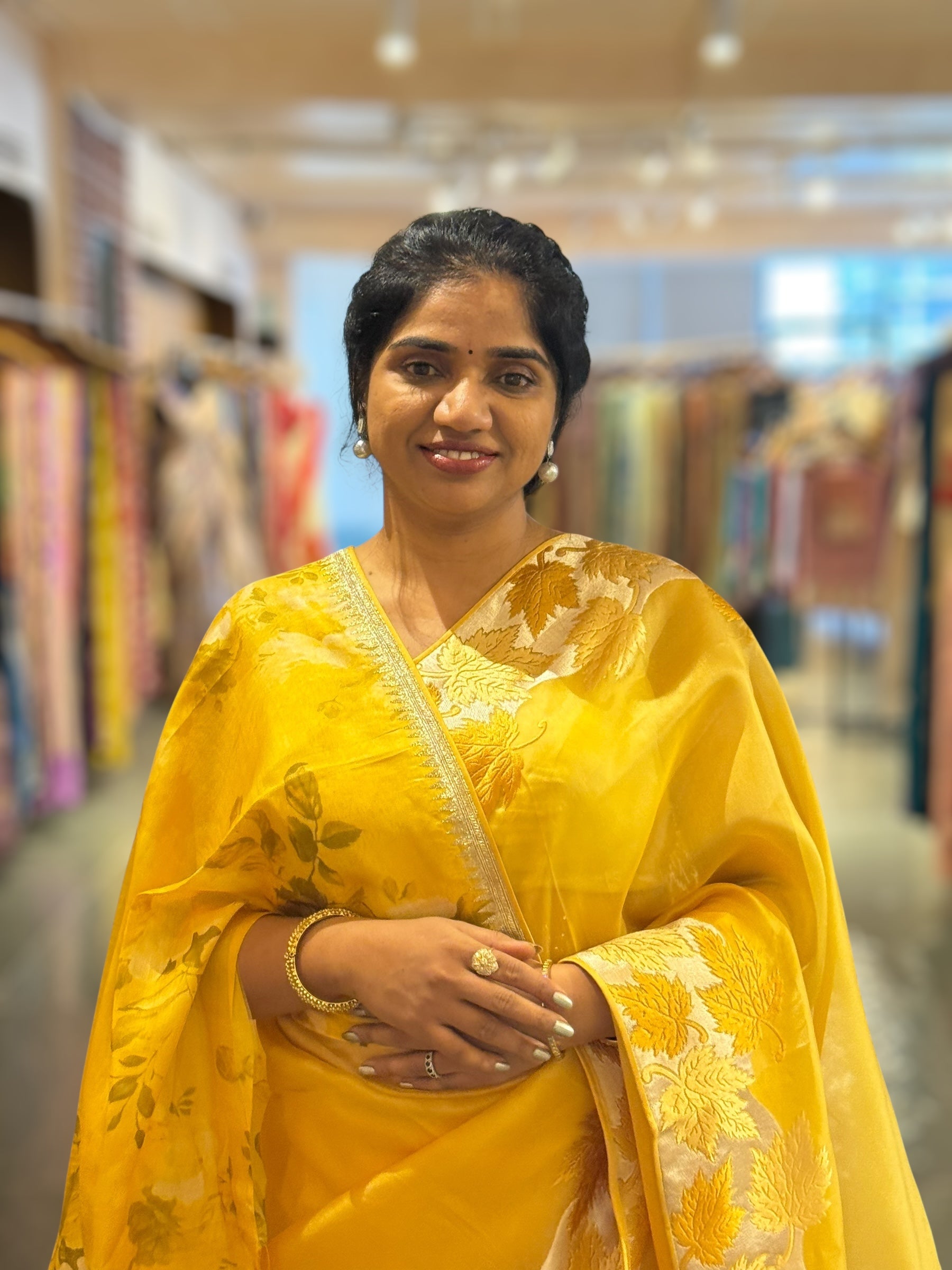 Yellow Organza Saree with Stunning Leaf Embroidered Border