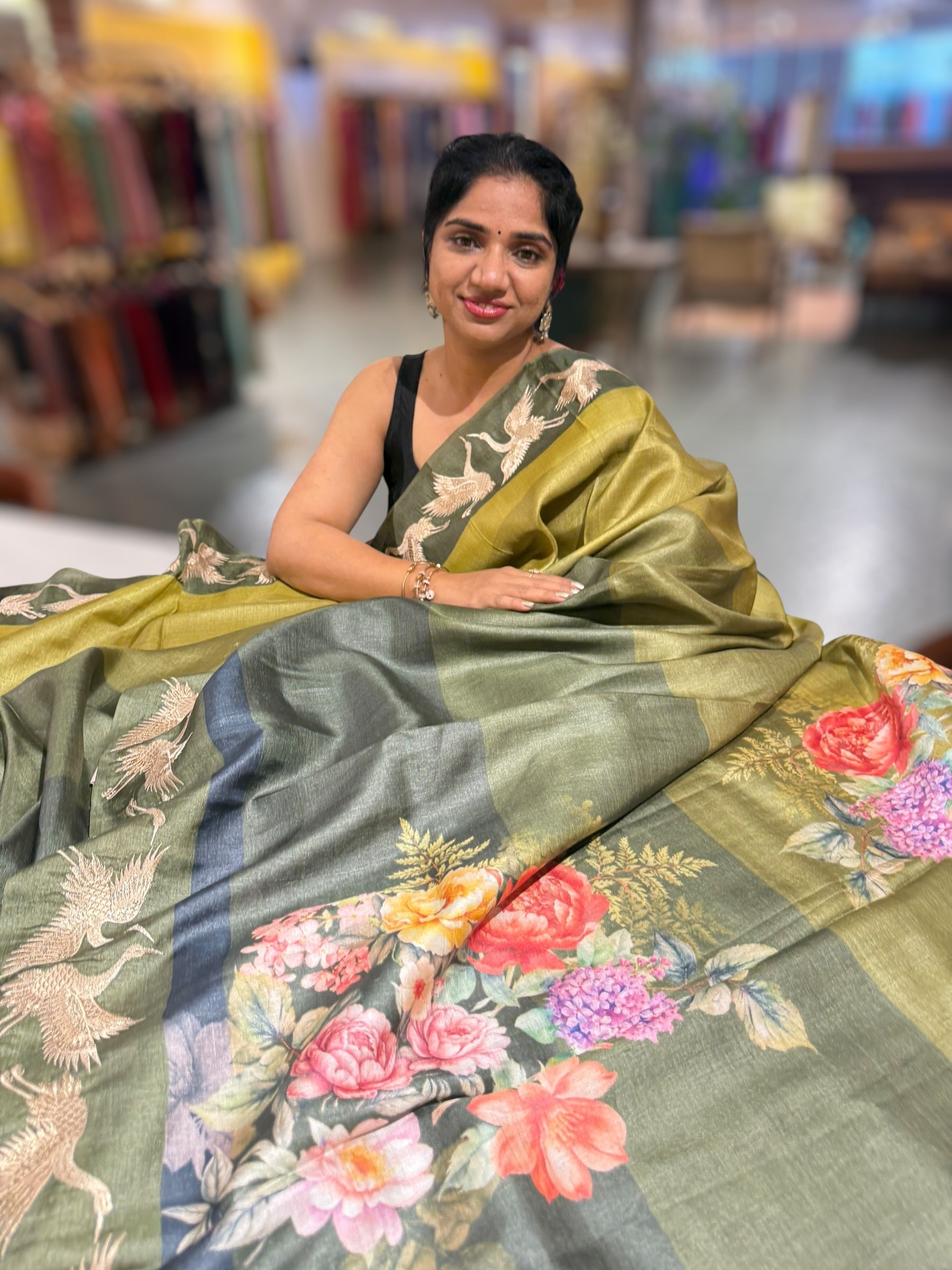 Olive Green Tussar Rangkaat Saree With Crane Bird  Embroidered Border
