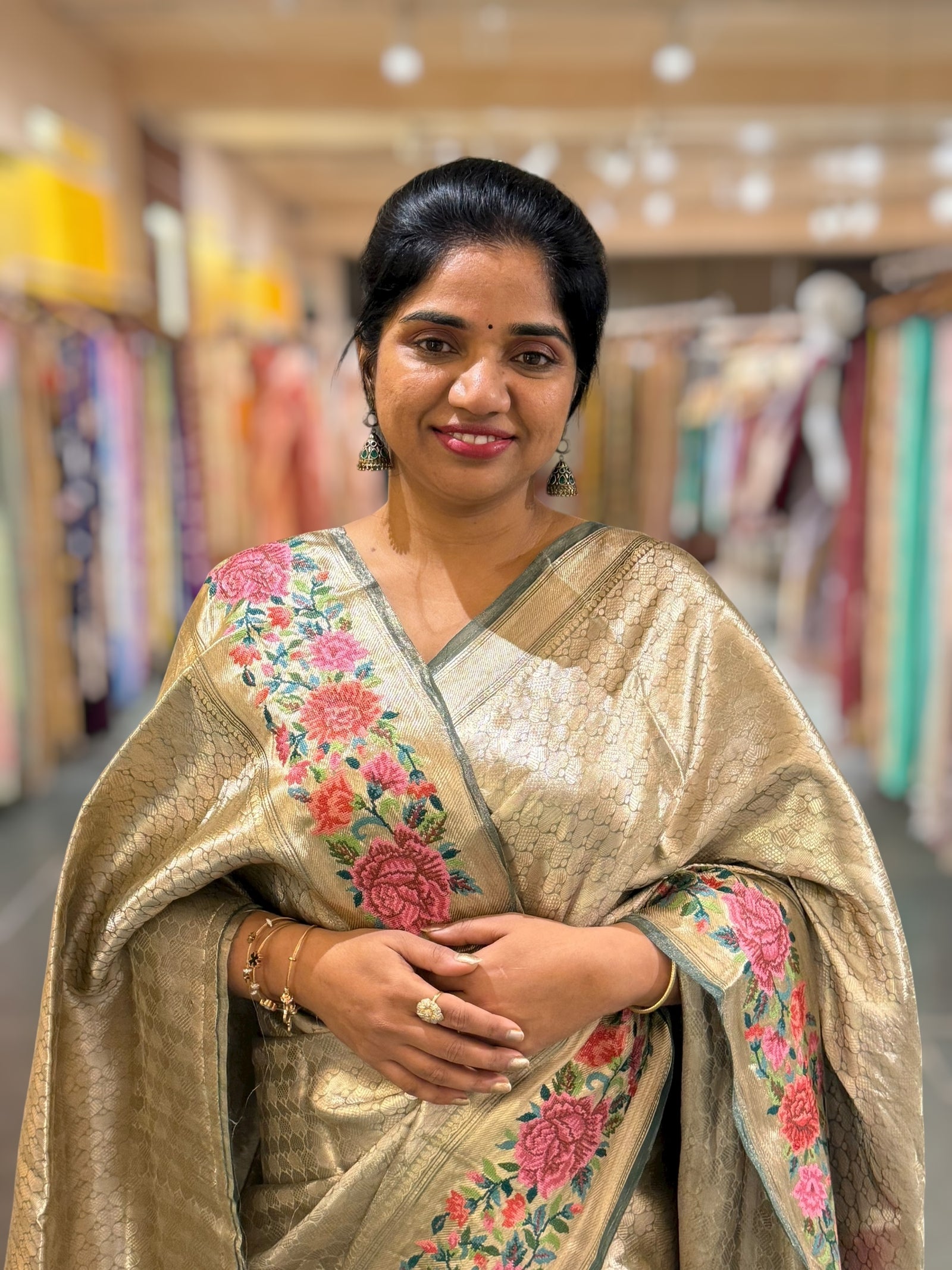 Bottle Green Base Banarasi Tissue Brocade Saree with Petite Point Embroidered Border