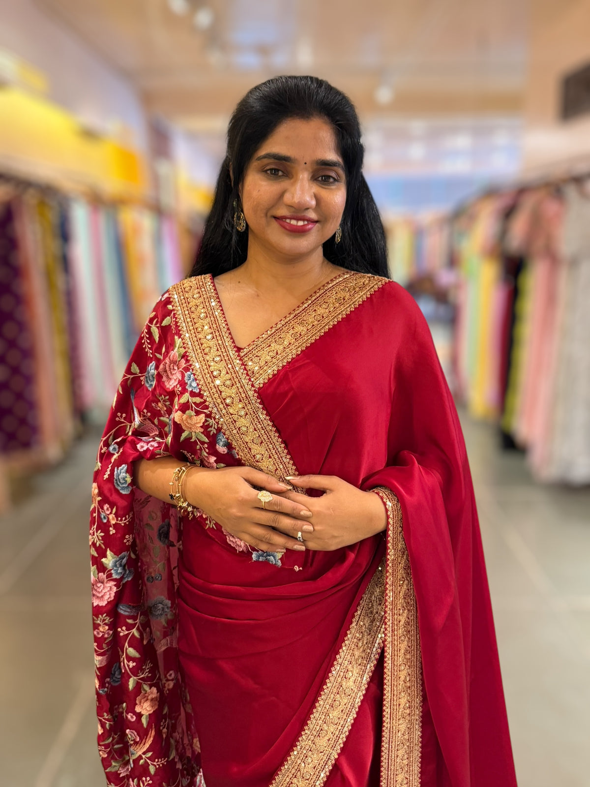 Maroon Red Pure Satin Saree with Sabhyasachi Borders