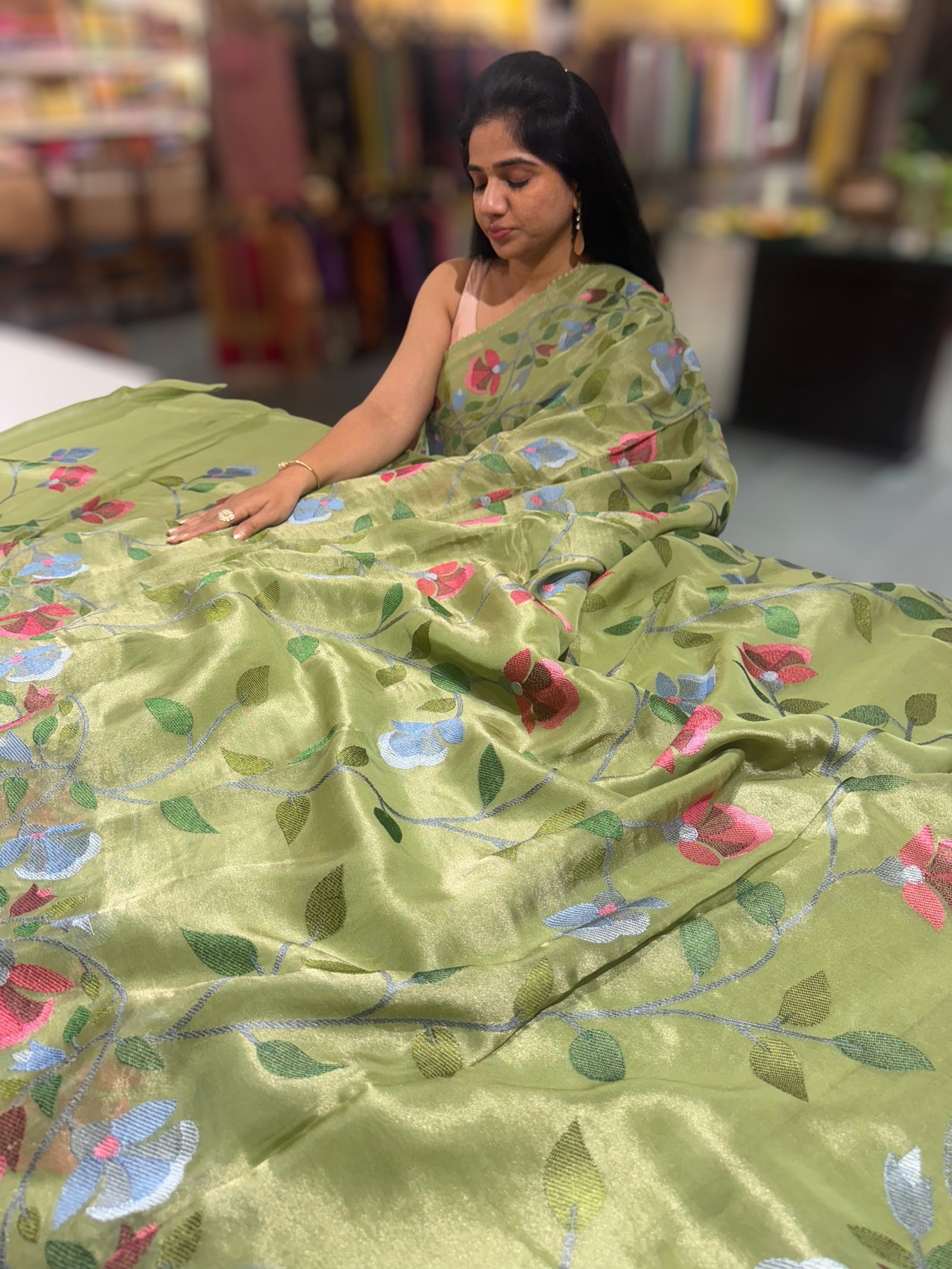 Sage Green Tissue georgette saree with embroidery