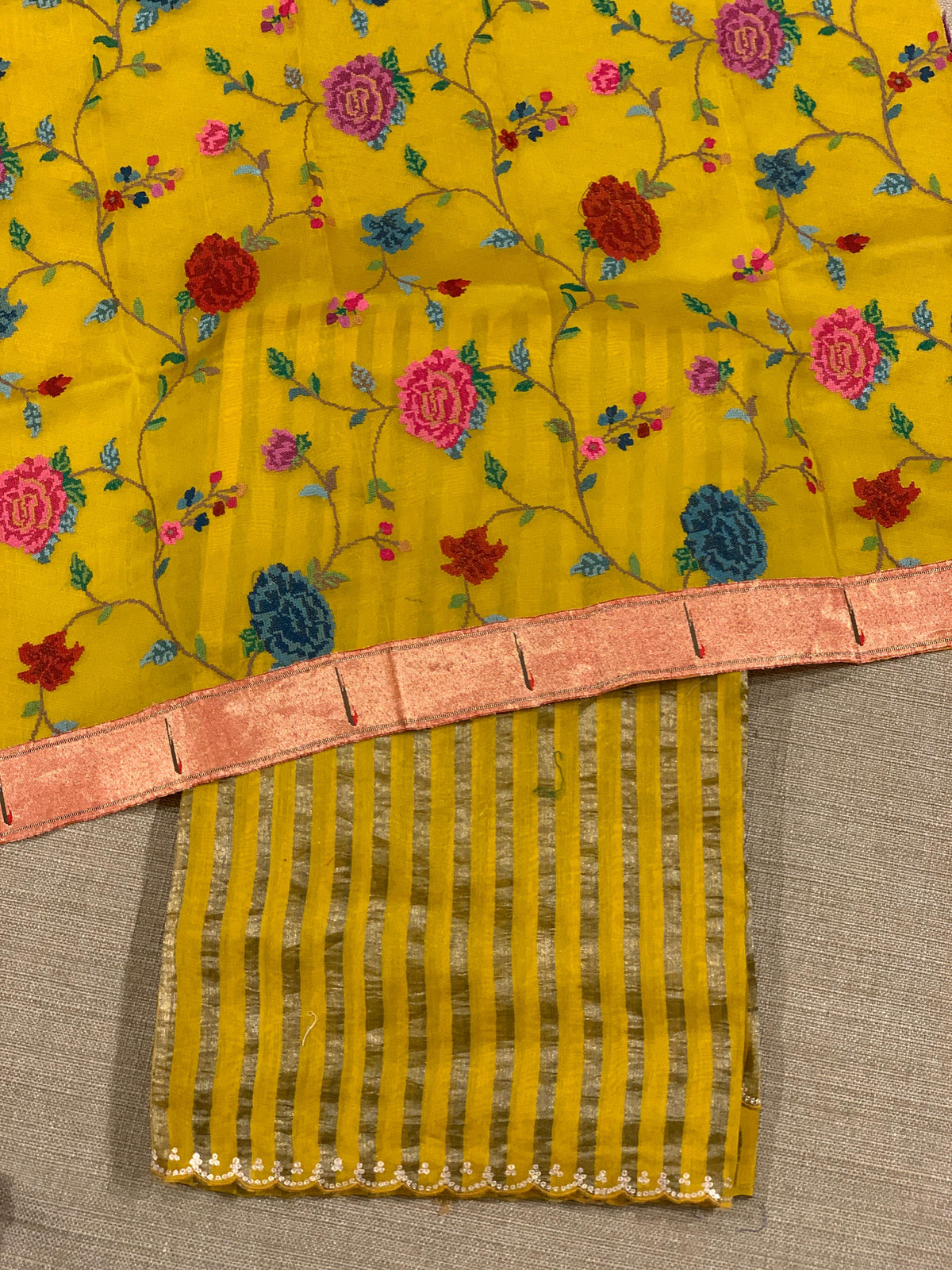 Mango Yellow Mul tissue stripes saree with fusion blouse : D62135