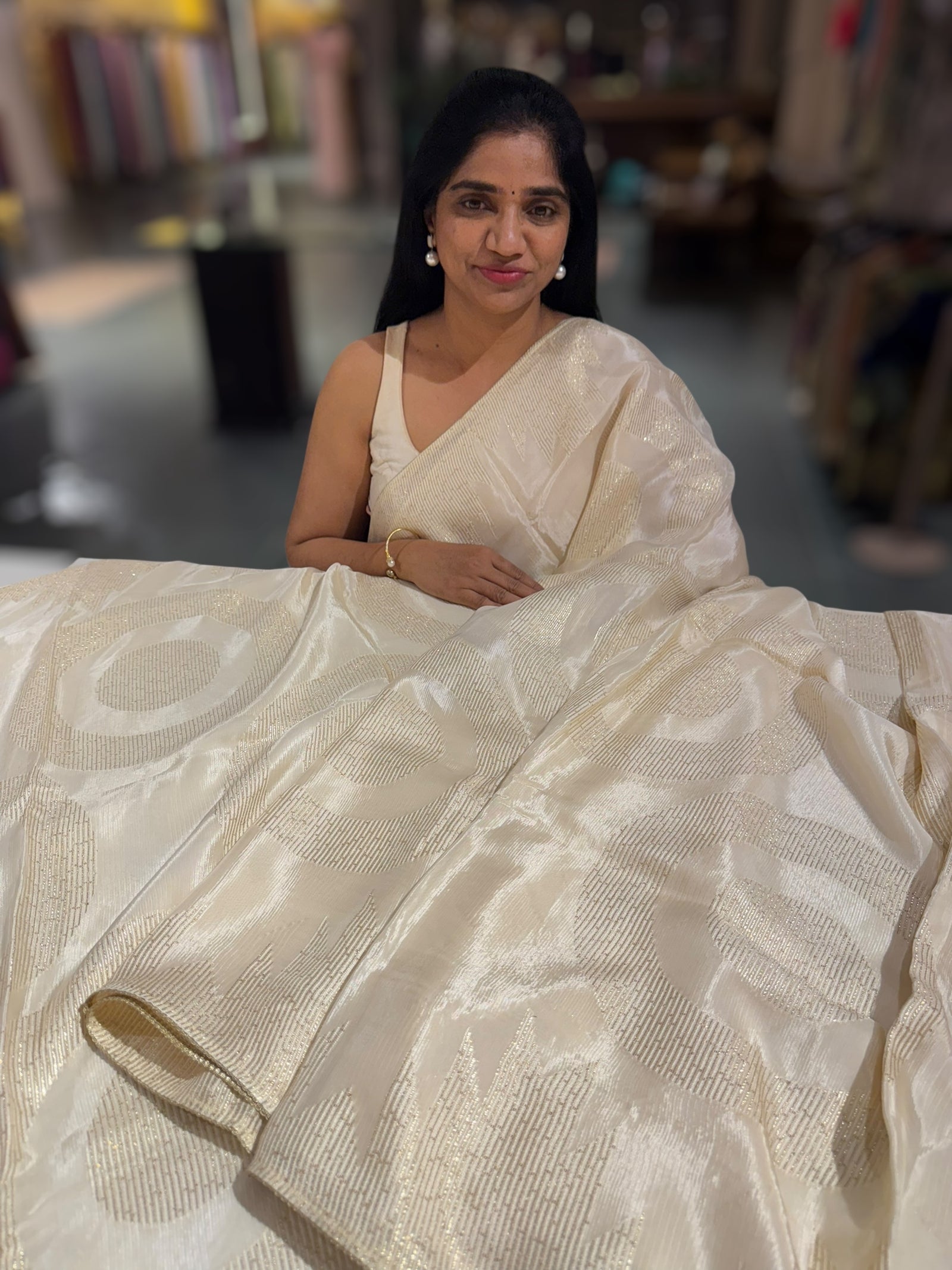 Ivory Chinnon saree with threadwork