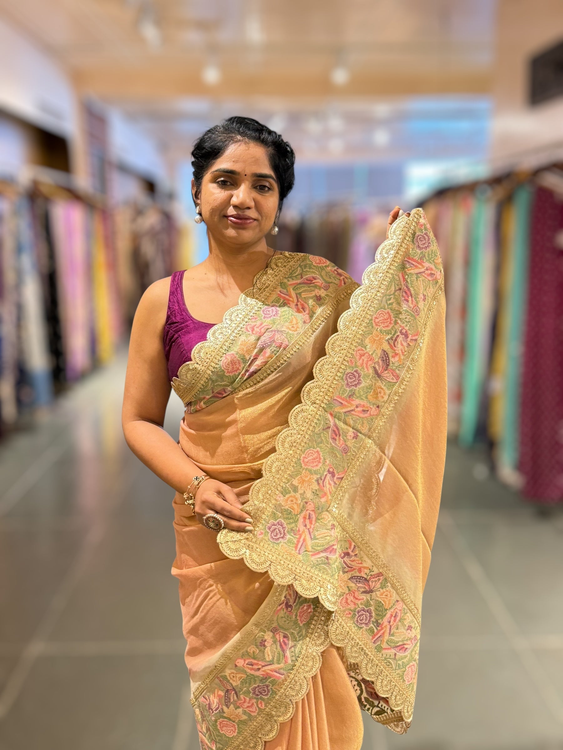 Peach Tissue Gorgette Saree With Petite Point Embroidered Border