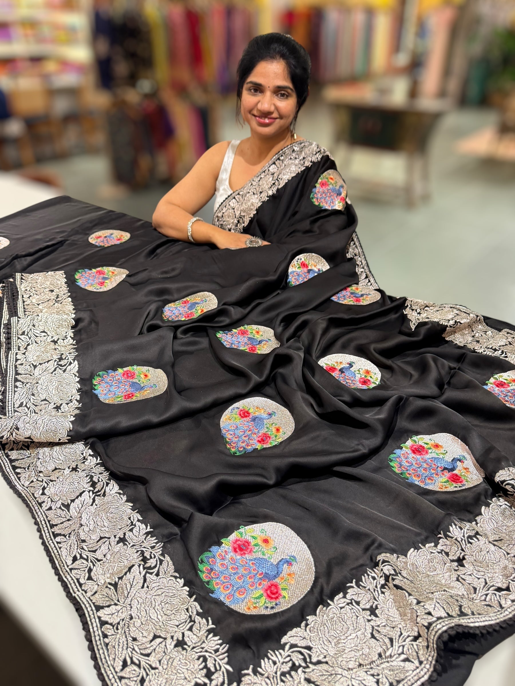 Black Designer Satin Saree with stunning embroidered border & motifs