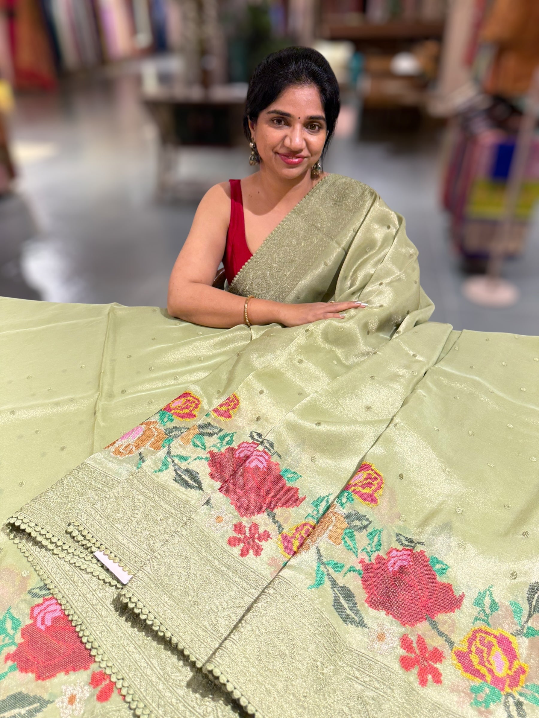 Dhaara : Dusty Green Tissue Gorgette Saree