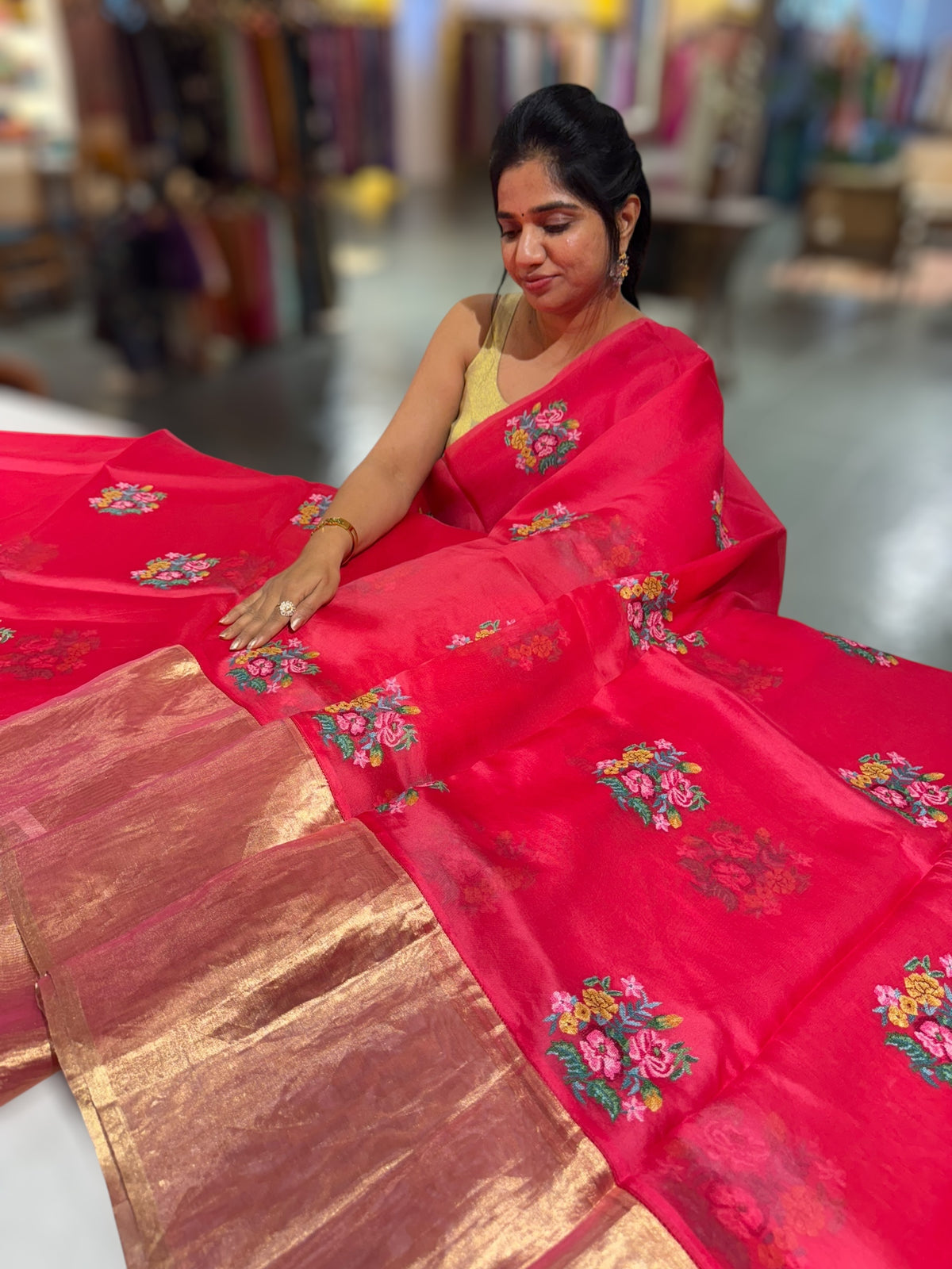 Pinkish Red Organza Saree with pure Tissue Border